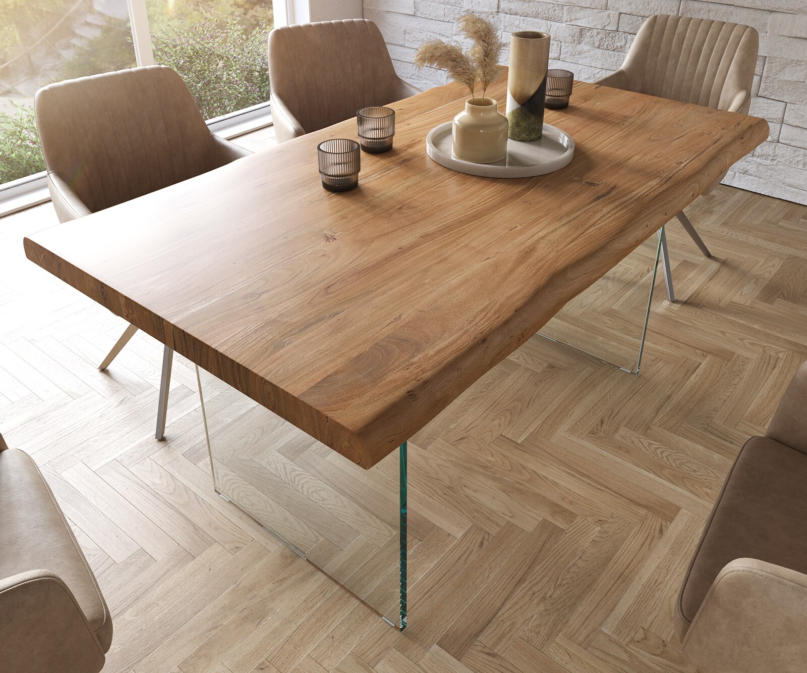 Stół do jadalni Edge 160x90cm XL akacja naturalna szklana rama live-edge 3