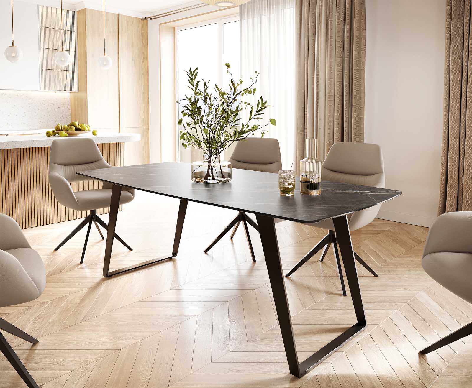 Stół do jadalni Edge kształt beczki 200x100cm ceramika Laminam® Noir Desir brązowy metal pochylona rama czarna