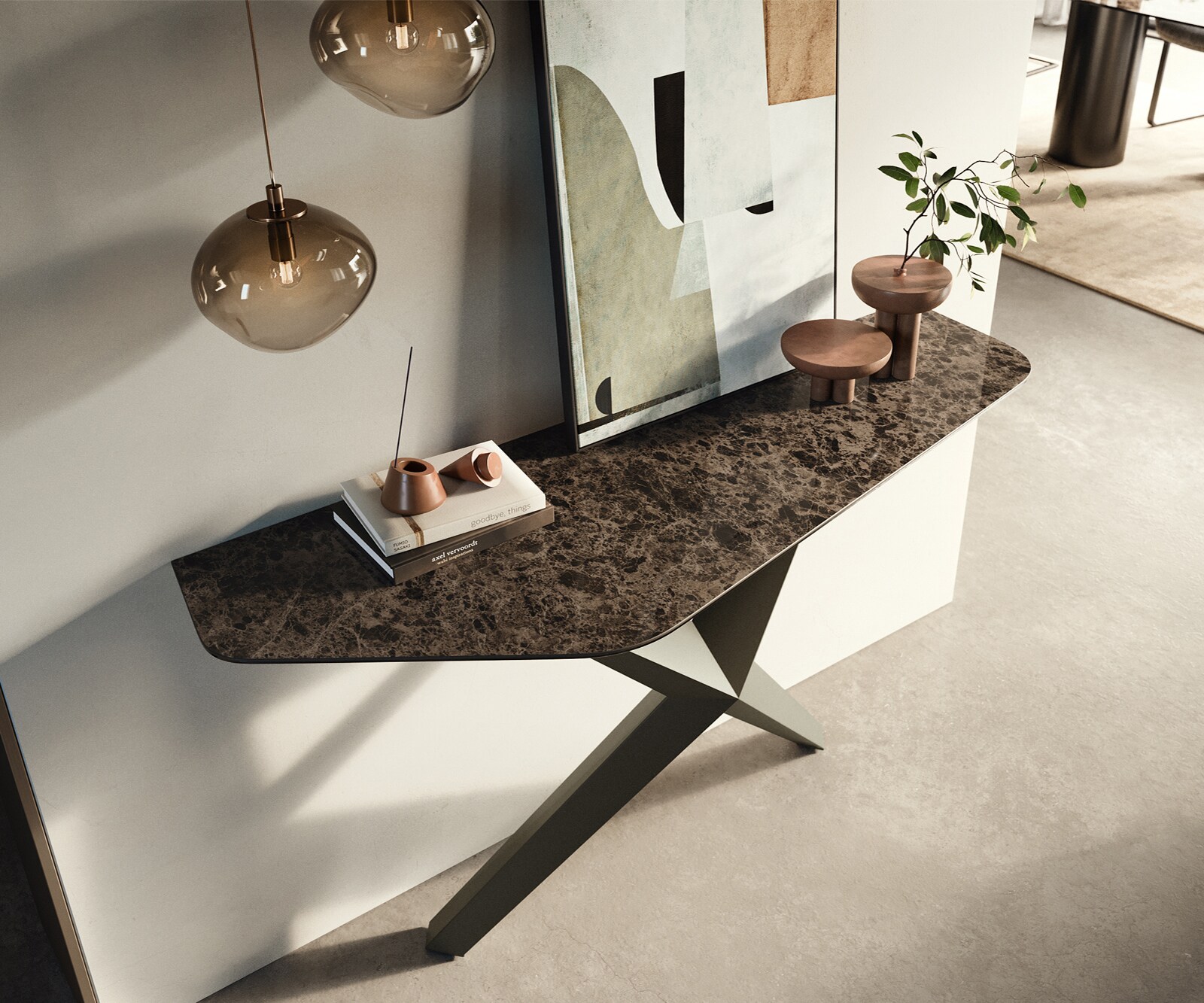 Konsola Edge wielokątna 140x50 cm ceramika Emperador Extra Lucidato ciemnobrązowa podstawa Zentharo metal w kolorze tytanu 2
