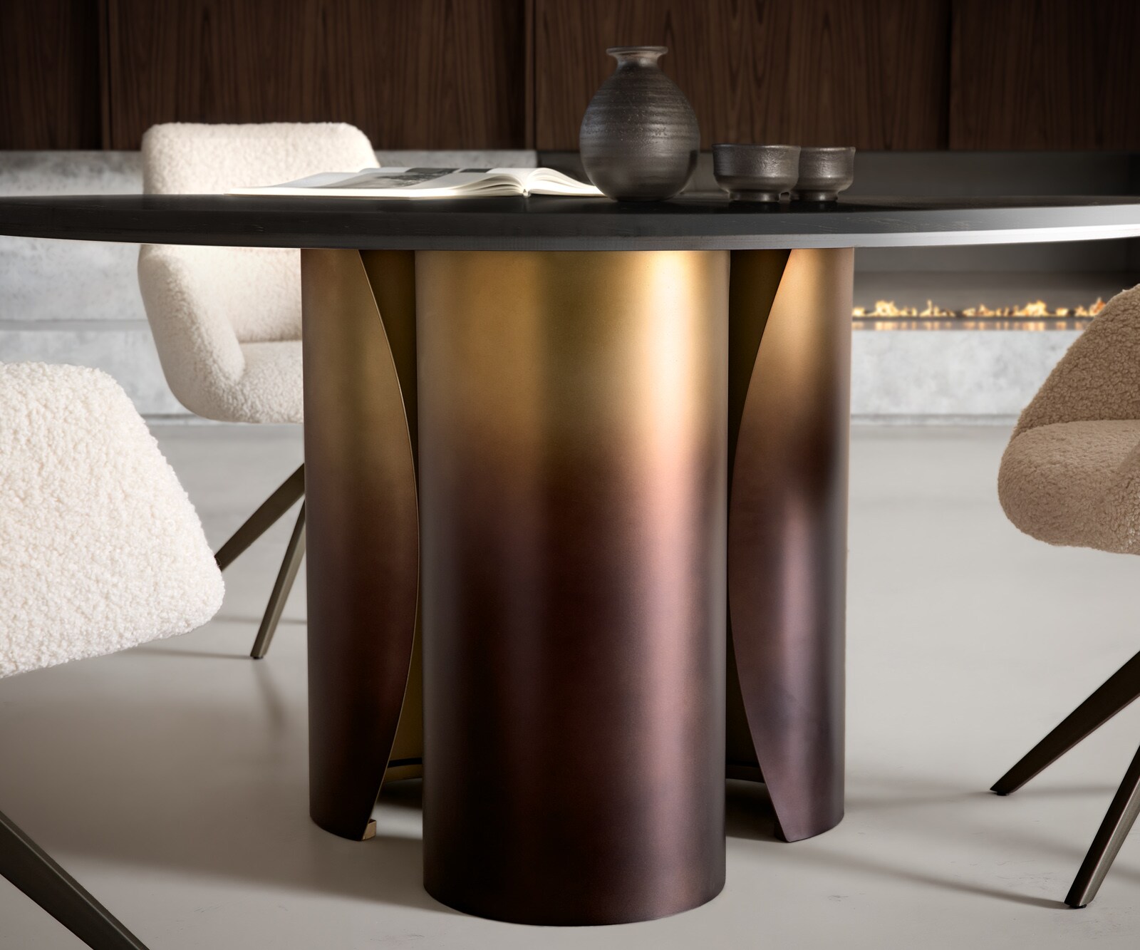 Stół do jadalni Adenza okrągły 140x140cm marmur czarno-srebrny metal złoty Fusion Finish 3