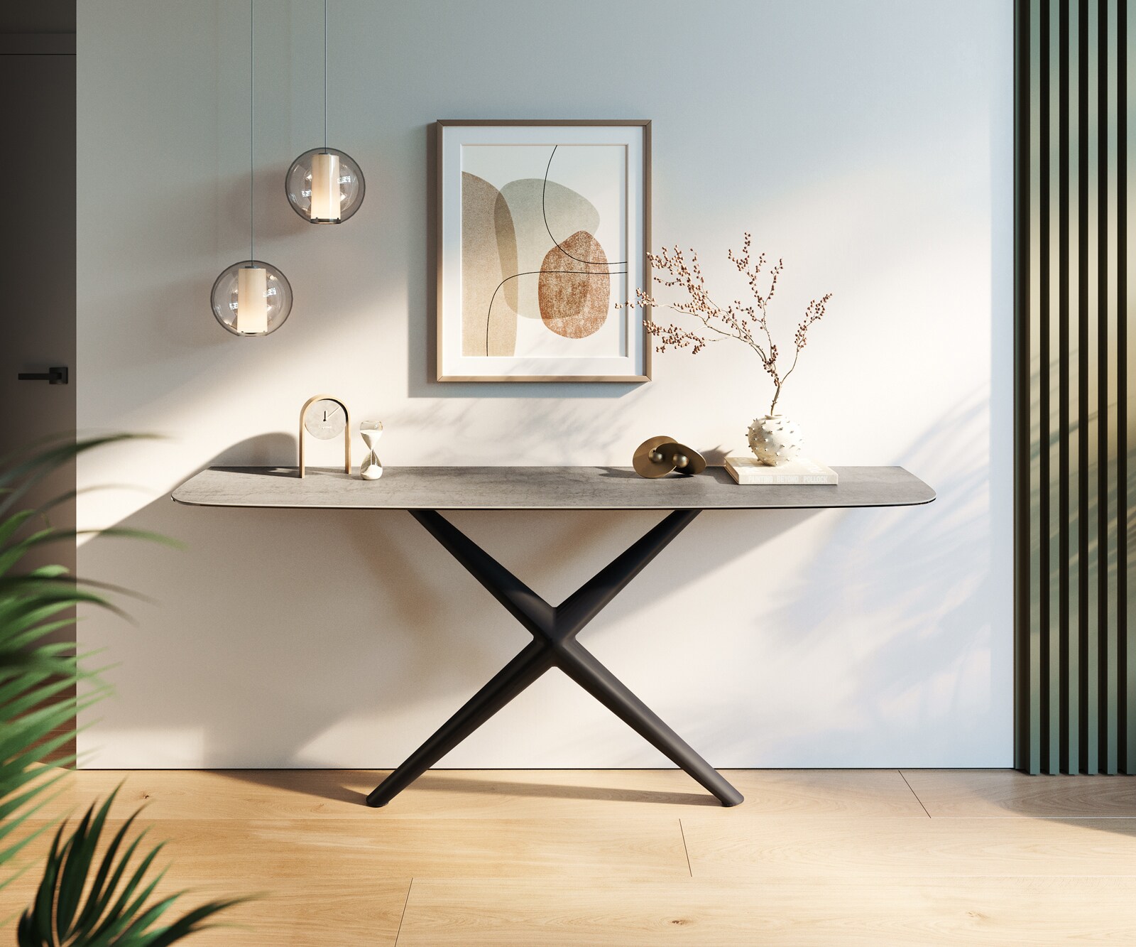 Konsola Edge w kształcie beczki 180x40 cm ceramika w kolorze betonowej szarości rama Estelo metal czarny 1