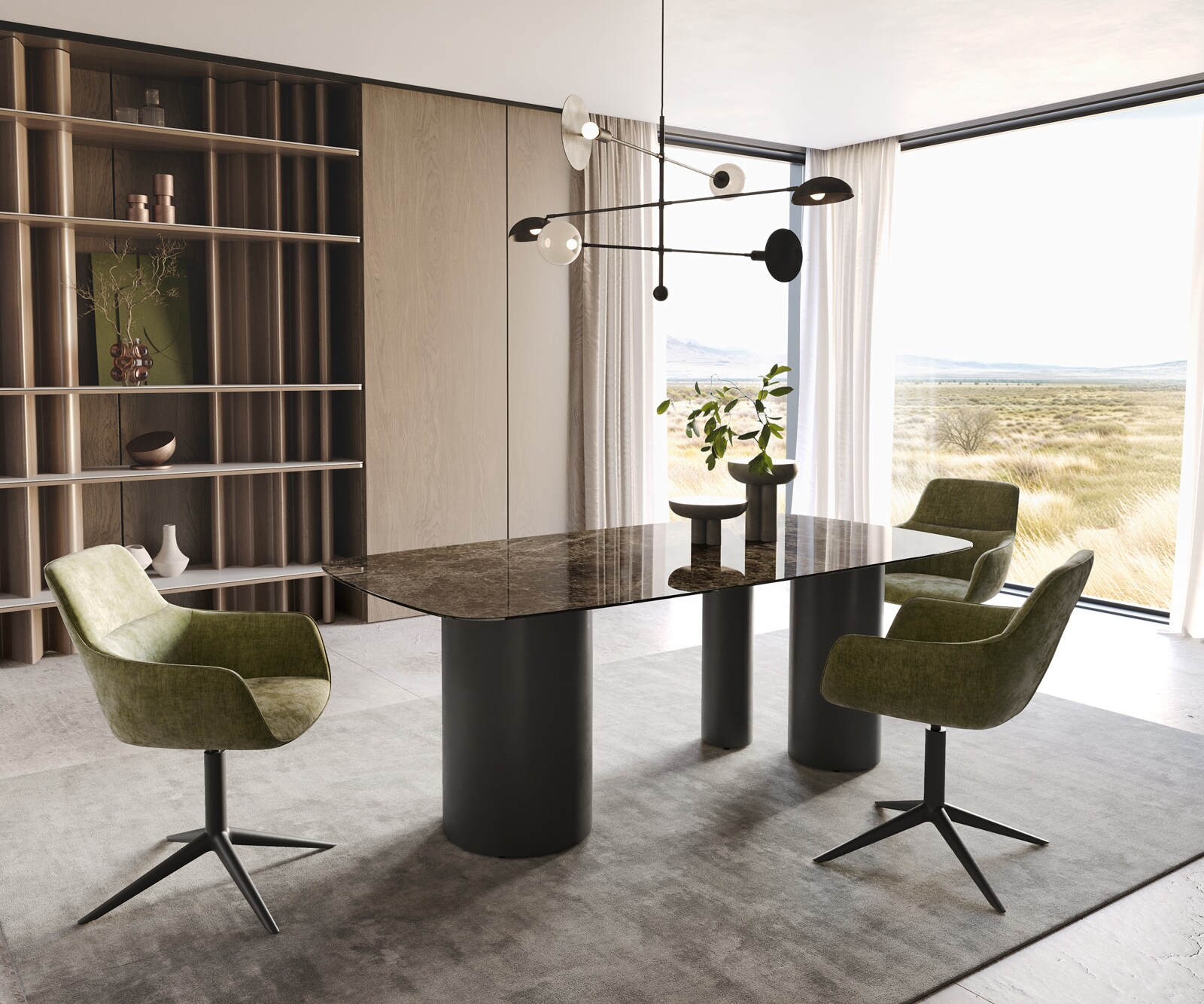 Stół do jadalni Edge kształt beczki 200x100cm ceramika Emperador Extra Lucidato ciemnobrązowy rama Troa metal czarny 6