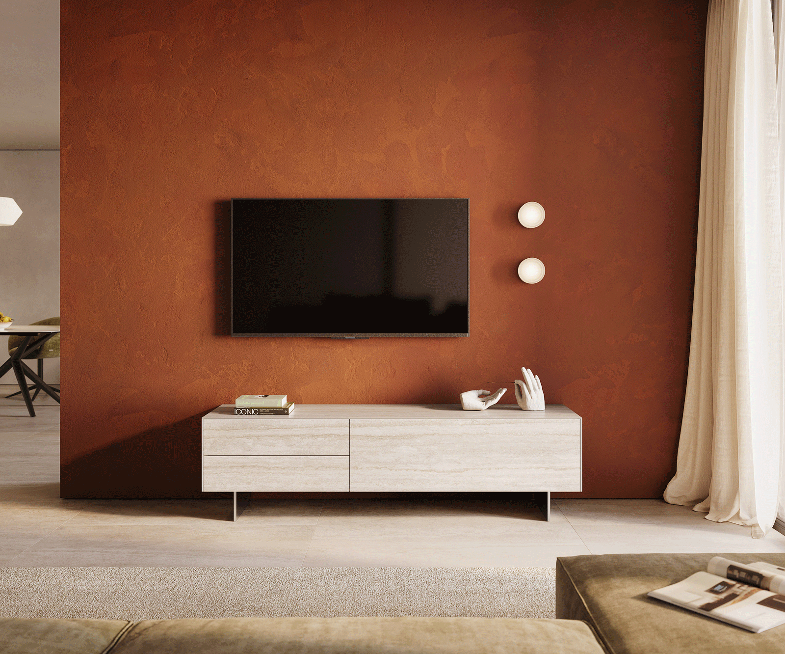 Szafka RTV Cuor 180 cm ceramika Laminam® Travertino Bianco kremowo-biała 1 klapa 2 szuflady nóżki wąskie stal nierdzewna 2