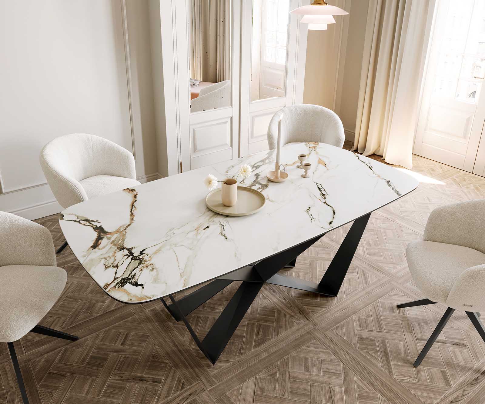 Stół do jadalni Edge kształt beczki 200x100cm ceramika Calacatta Luxe biało-złoto-szary rama Spider metal czarna 4