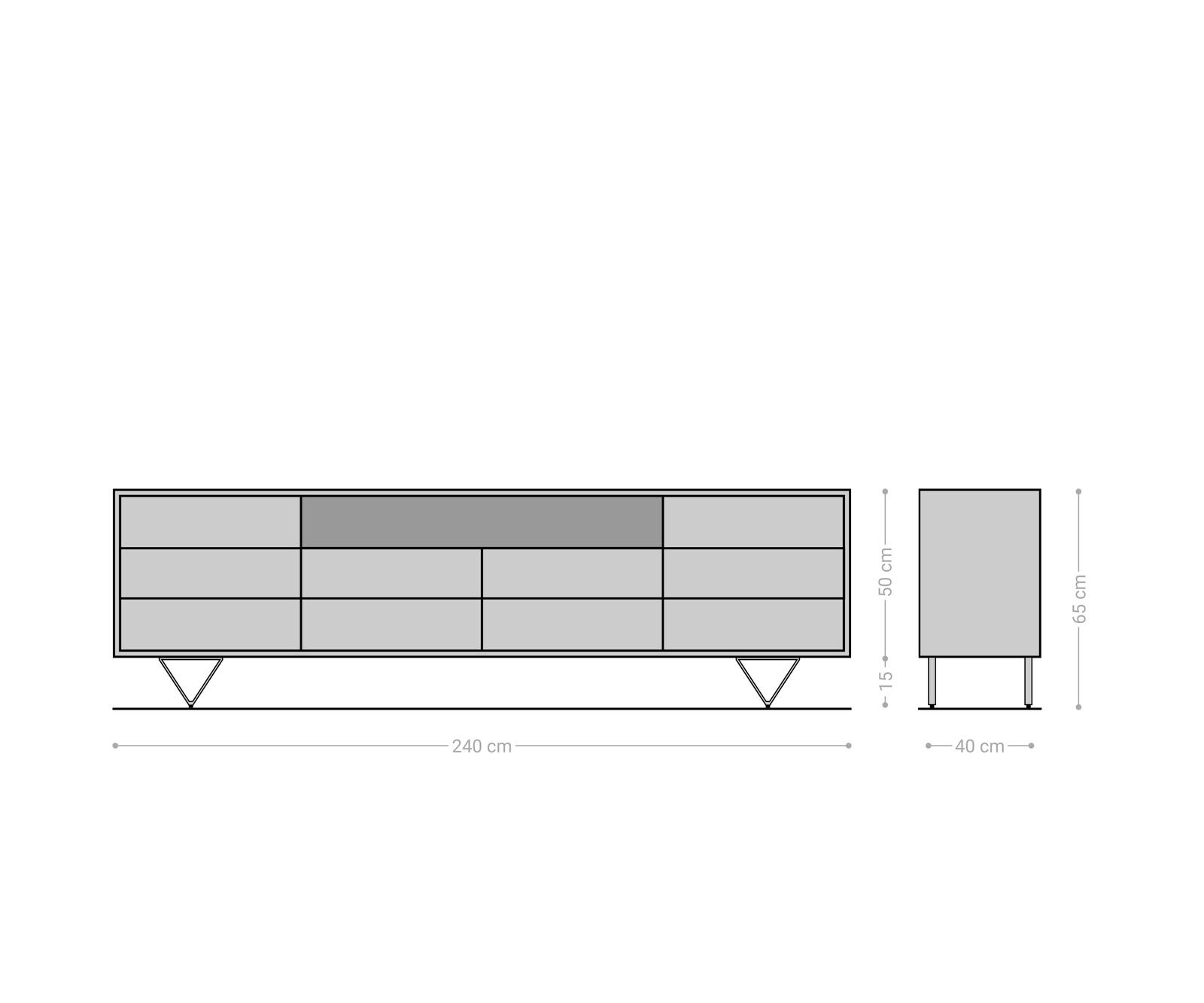 Komoda Eloi 240x40 cm akacja brązowa 2 drzwi 6 szuflad nóżki V czarne 5