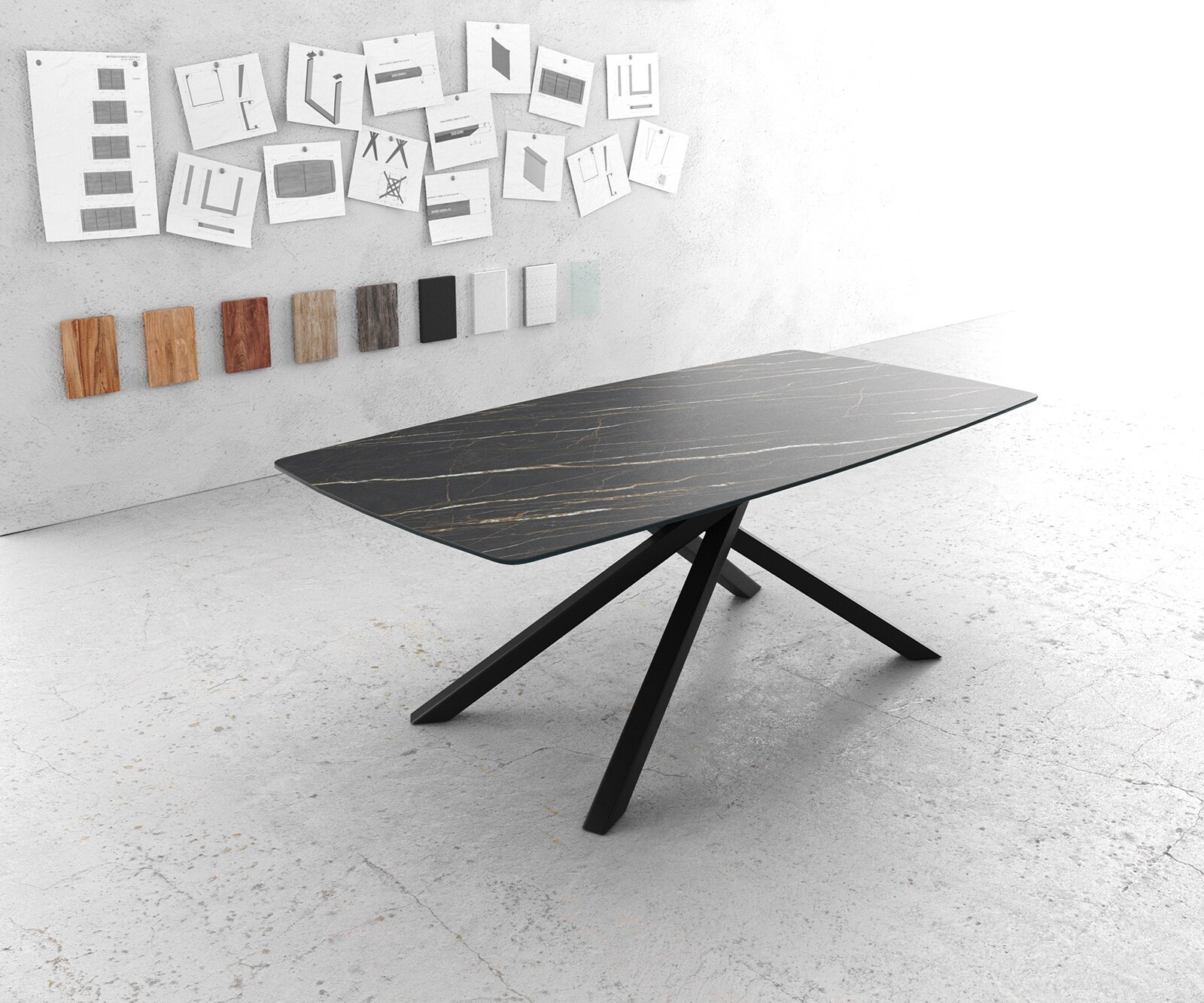 Stół do jadalni Edge kształt beczki 200x100cm ceramika Minas Melange biało-beżowy rama Cross czarna 5