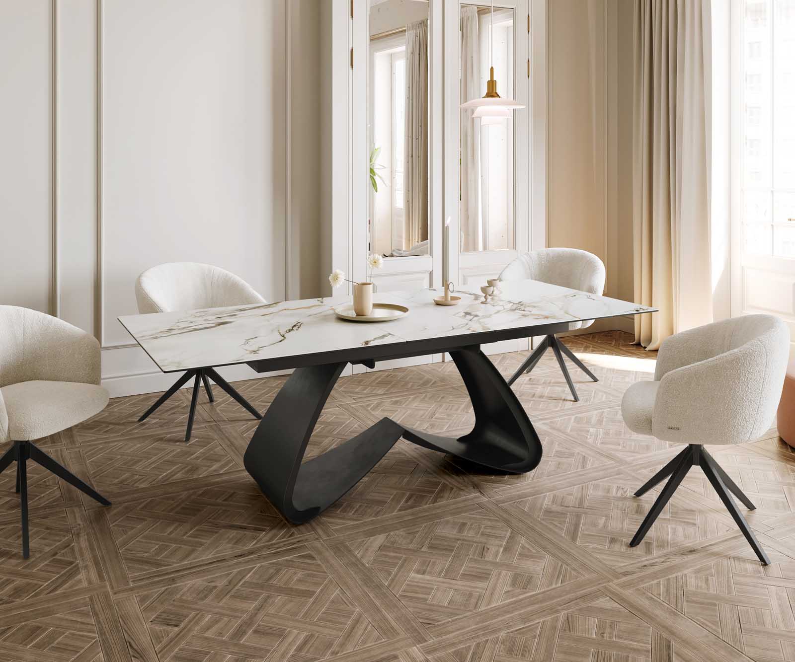 Stół do jadalni Edge 180-220x100 cm ceramika Calacatta Luxe biało-złoto-szary rama W czarna rozkładany 8