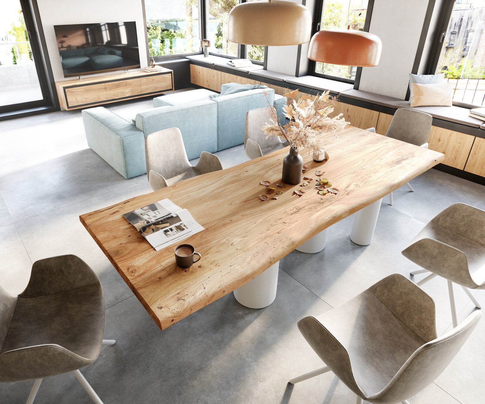 Stół do jadalni Edge 280x100 cm XL akacja naturalna rama Pilier metal biały 3