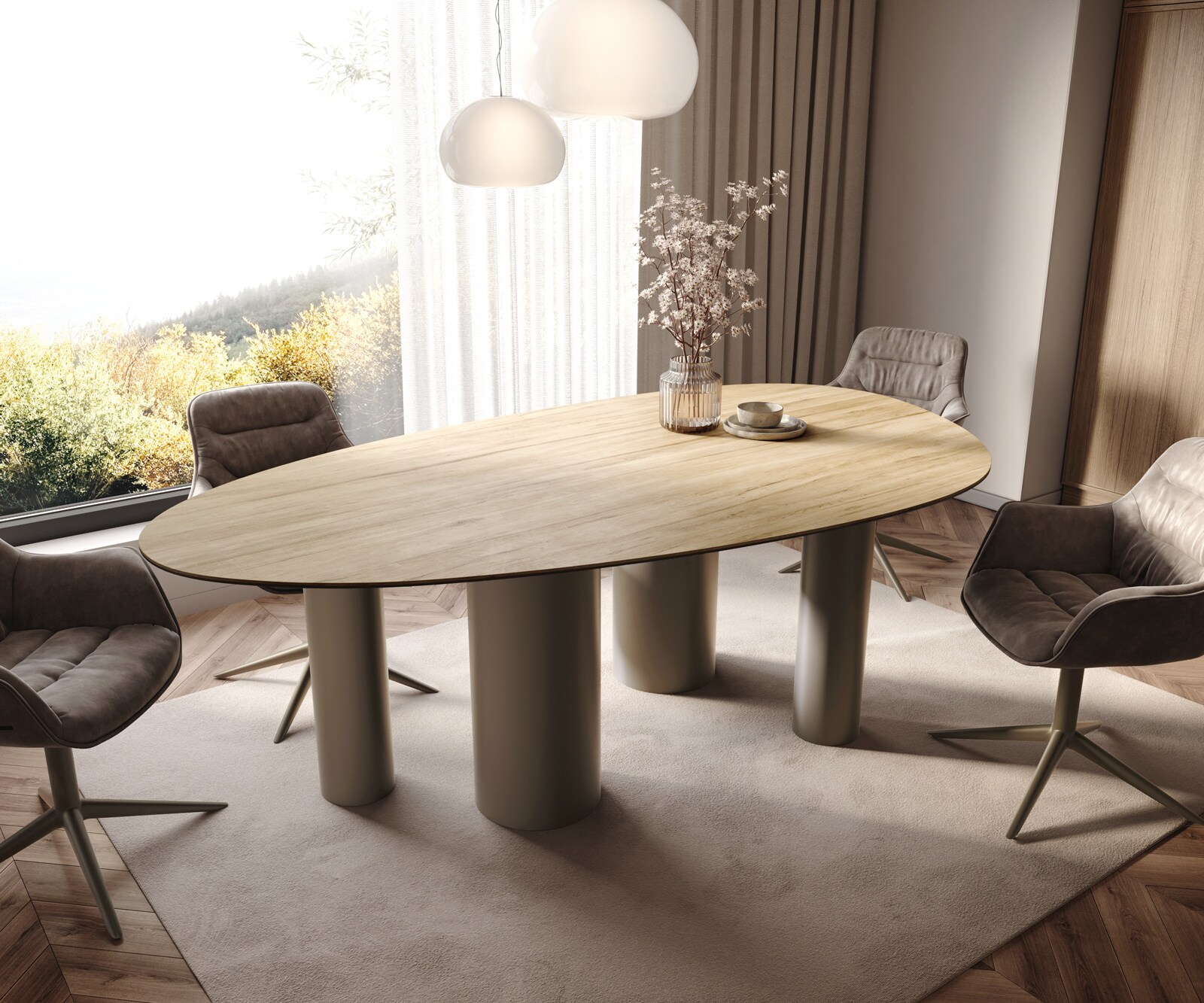 Stół do jadalni Edge owalny 220x120 ceramika Laminam® Sabbia w kolorze dębu rama Pilier metal kolor tytanowy 1