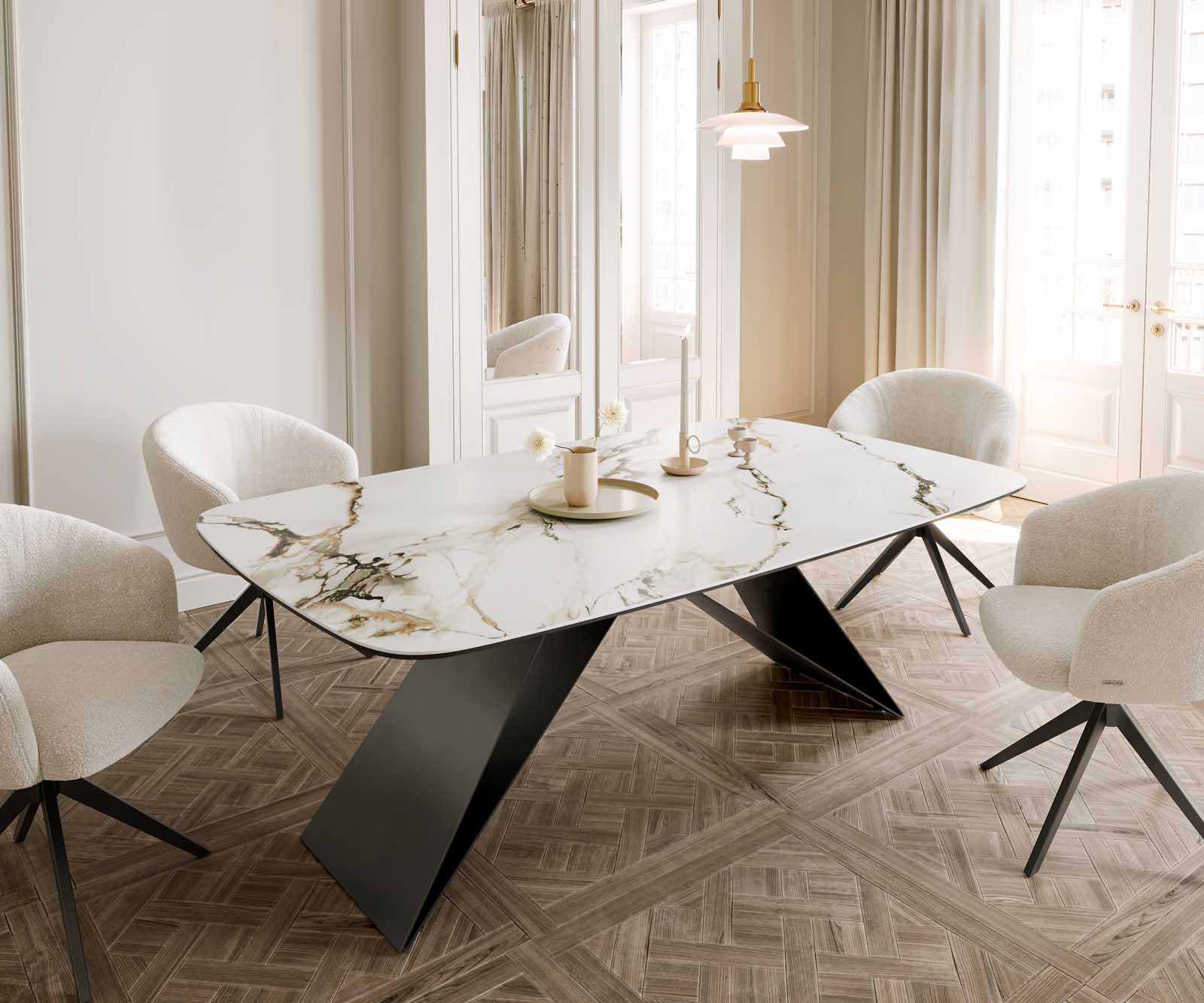 Stół do jadalni Edge kształt beczki 200x100cm ceramika Calacatta Luxe biało-złoto-szary rama V metal czarna