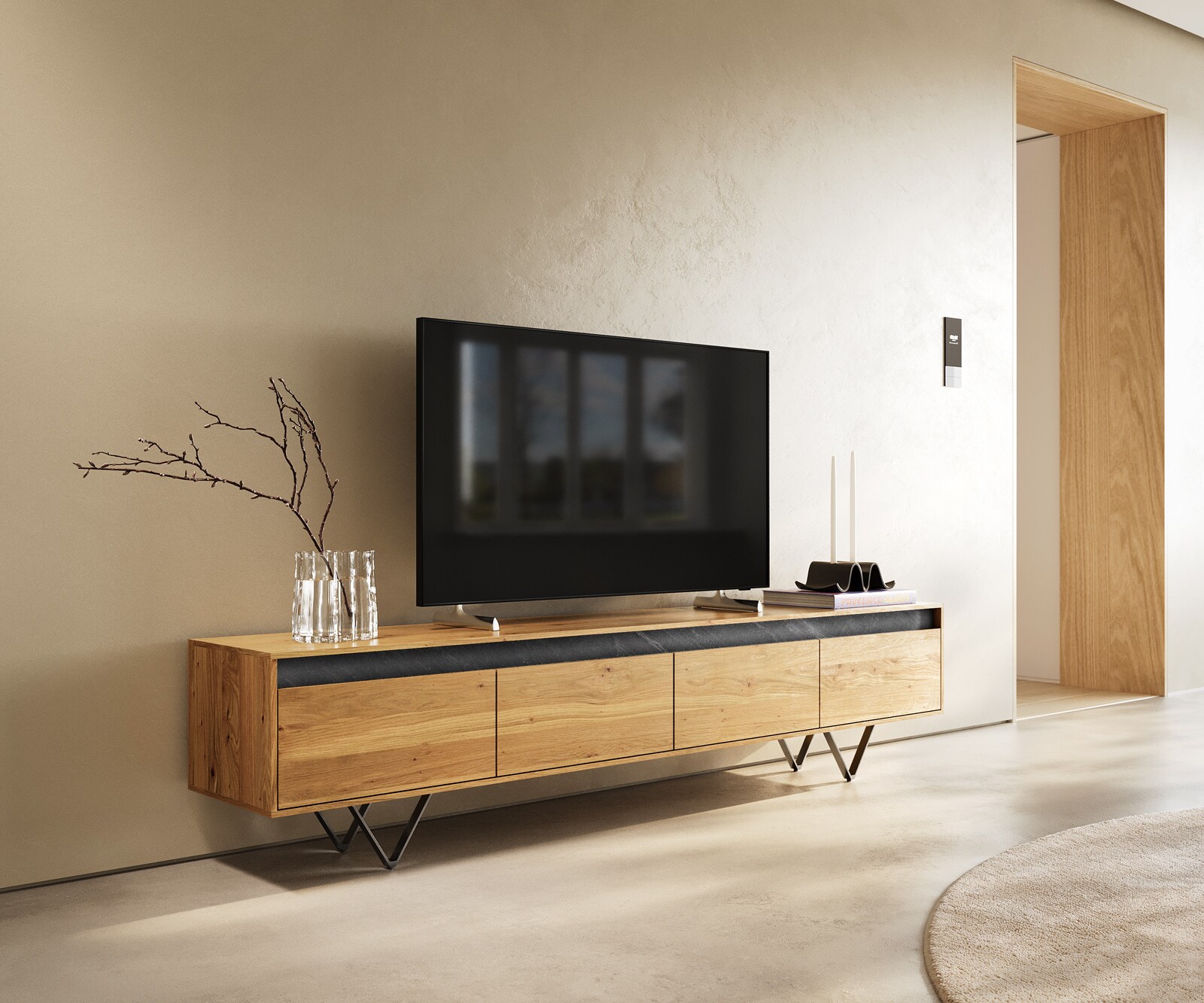Szafka RTV Stonegrace 200 cm dąb naturalny łupek 4 szuflady nóżki V metal czarny 1