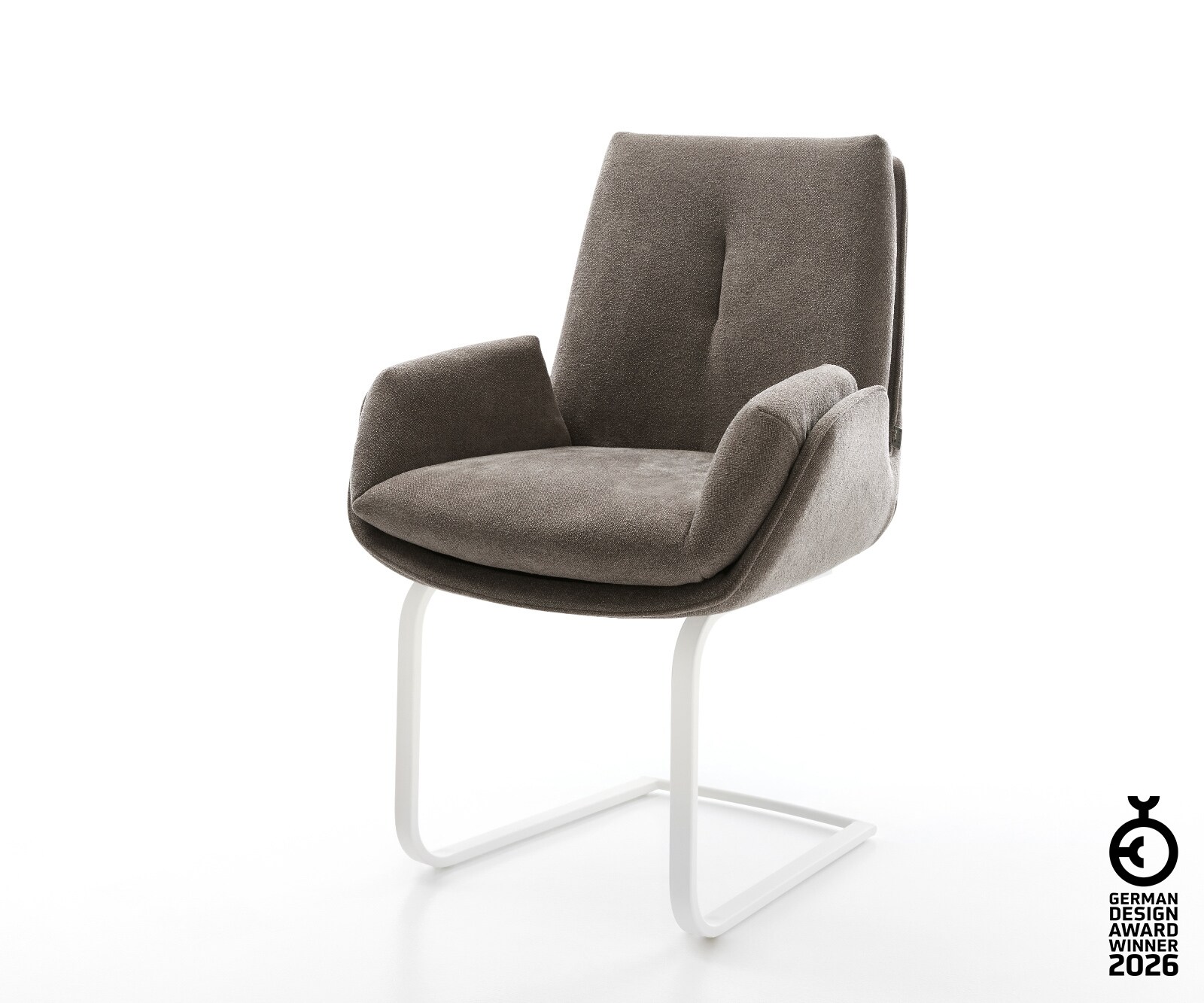 Krzesło do jadalni Clea-Flex miękka tkanina strukturalna szaro-brązowa podstawa wspornikowa płaska metal biały