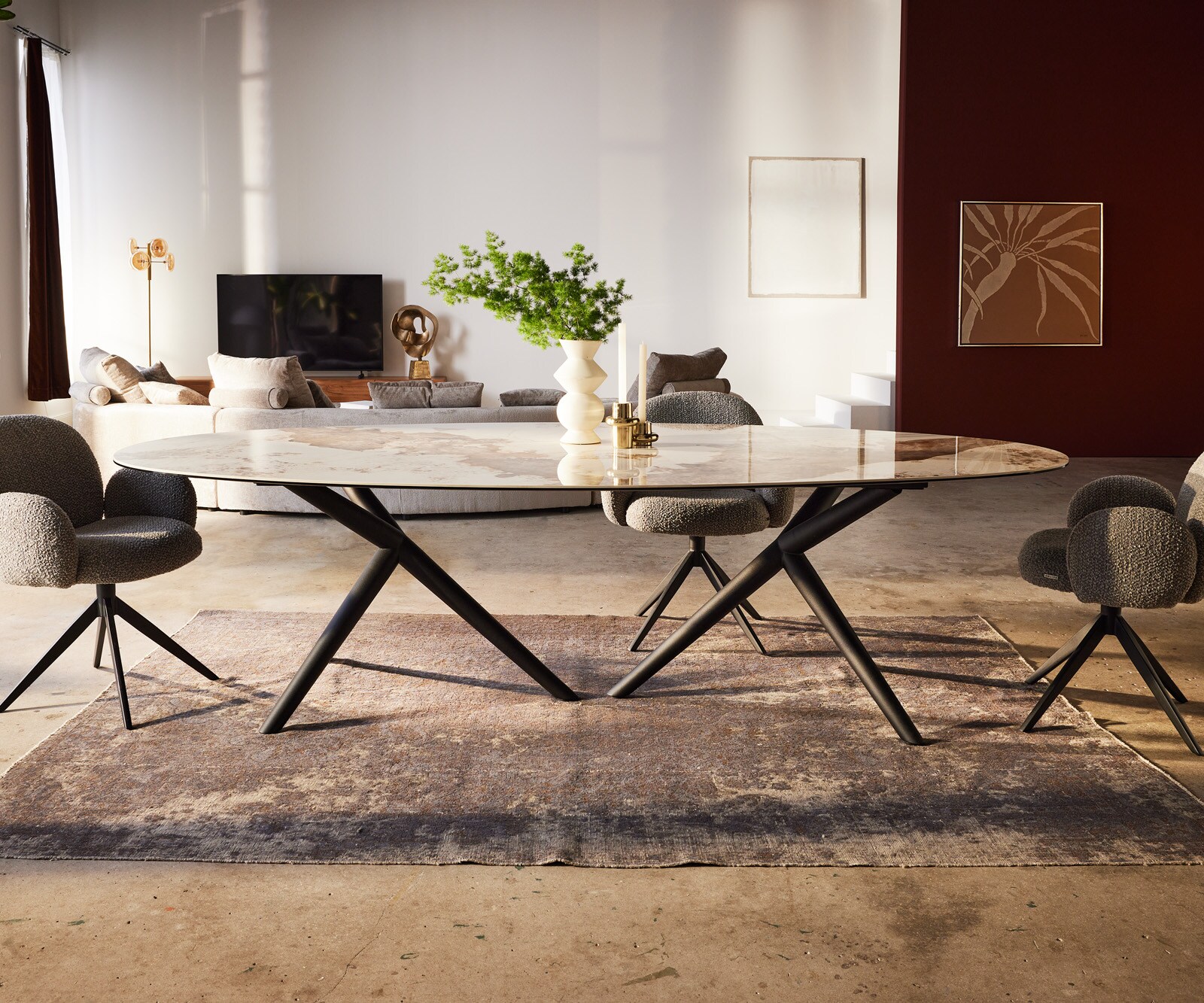 Stół do jadalni Edge owalny 280x130cm ceramika Minas Melange biało-beżowy rama Estelar metal czarny 1