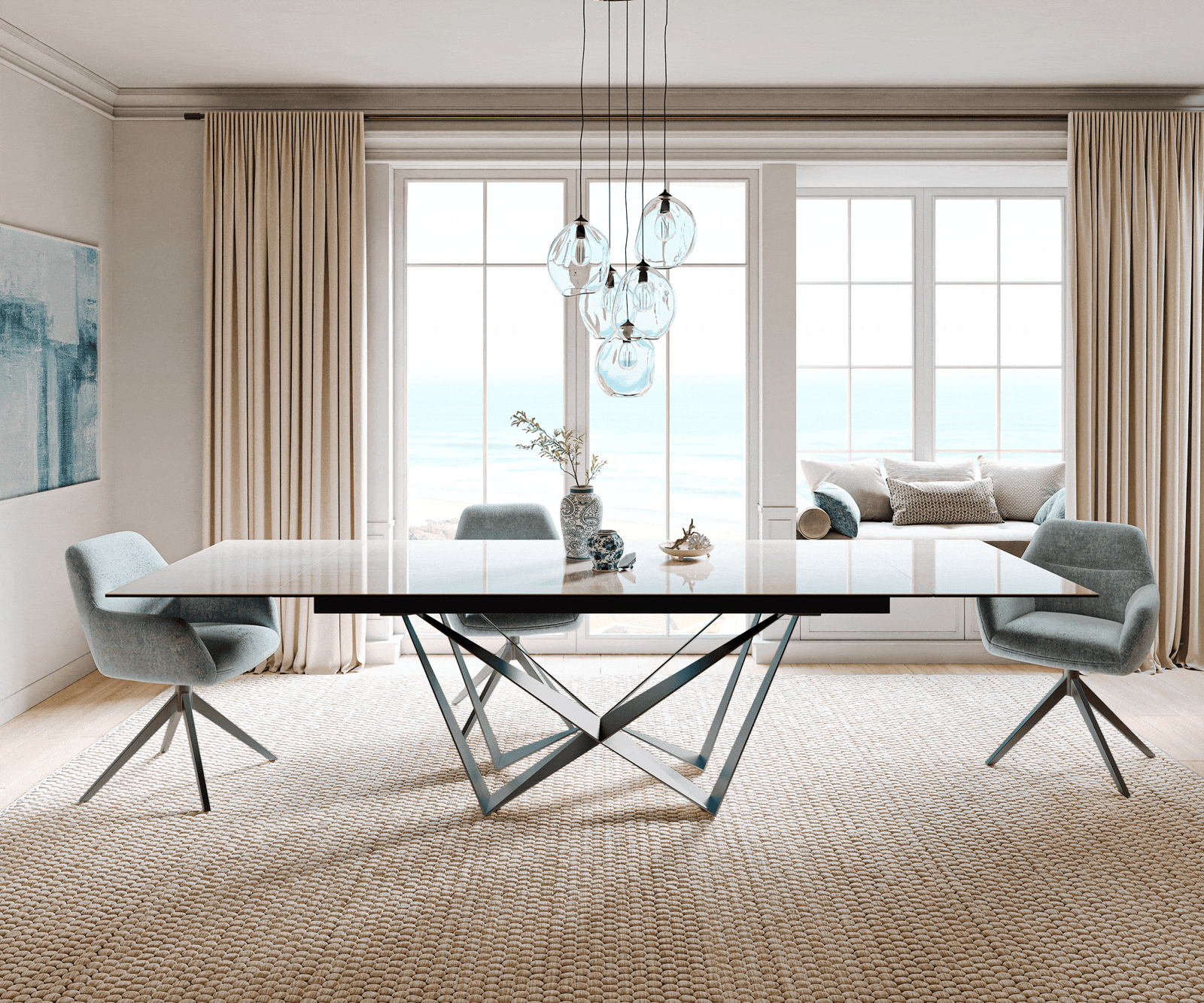 Stół do jadalni Edge 200-300x100cm ceramika Onyx Champagne rama Spider stal nierdzewna kolor grafitowy rozkładany 1