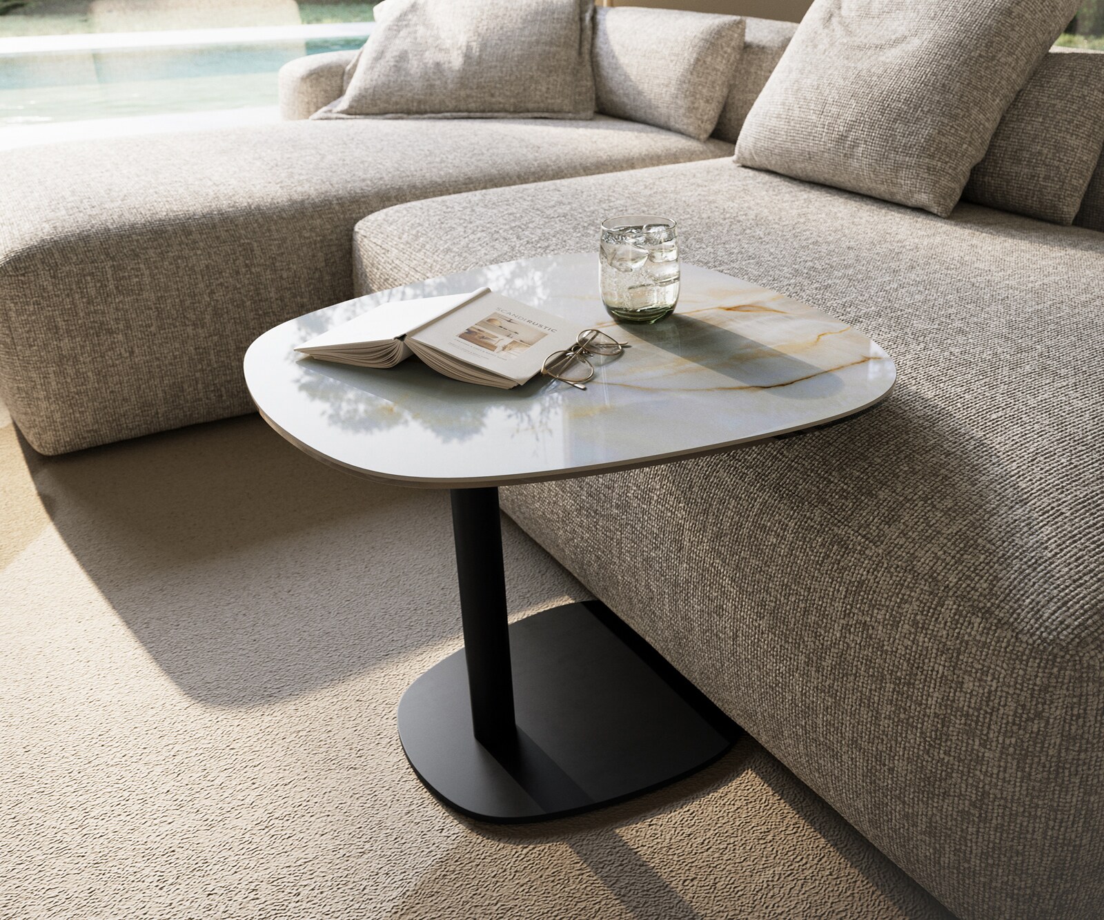 Stolik kawowy Edge w kształcie beczki 60x60 cm ceramika Onyx Pearl podstawa Eleny metal czarny 2