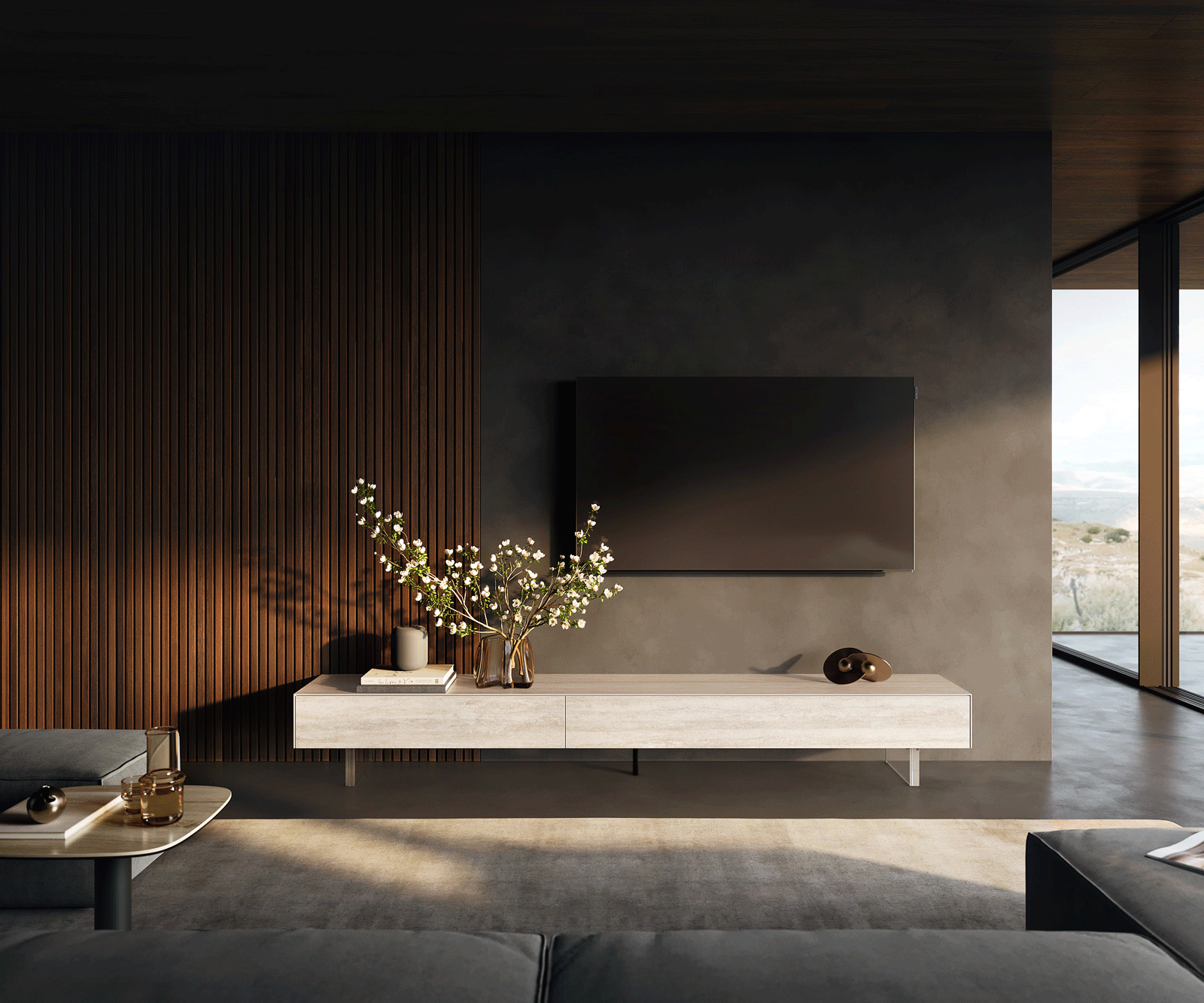 Szafka RTV Cuor 250 cm ceramika Laminam® Travertino Bianco kremowo-biała 1 klapa 1 szuflada nóżki akrylowe 1