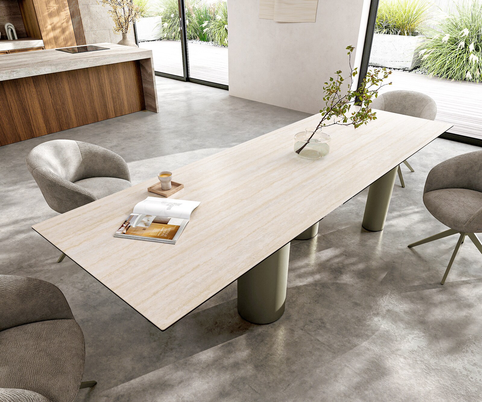 Stół do jadalni Edge 300x100cm ceramika Laminam® Travertino Bianco kremowo-biały rama Pilier metal kolor tytanowy 3