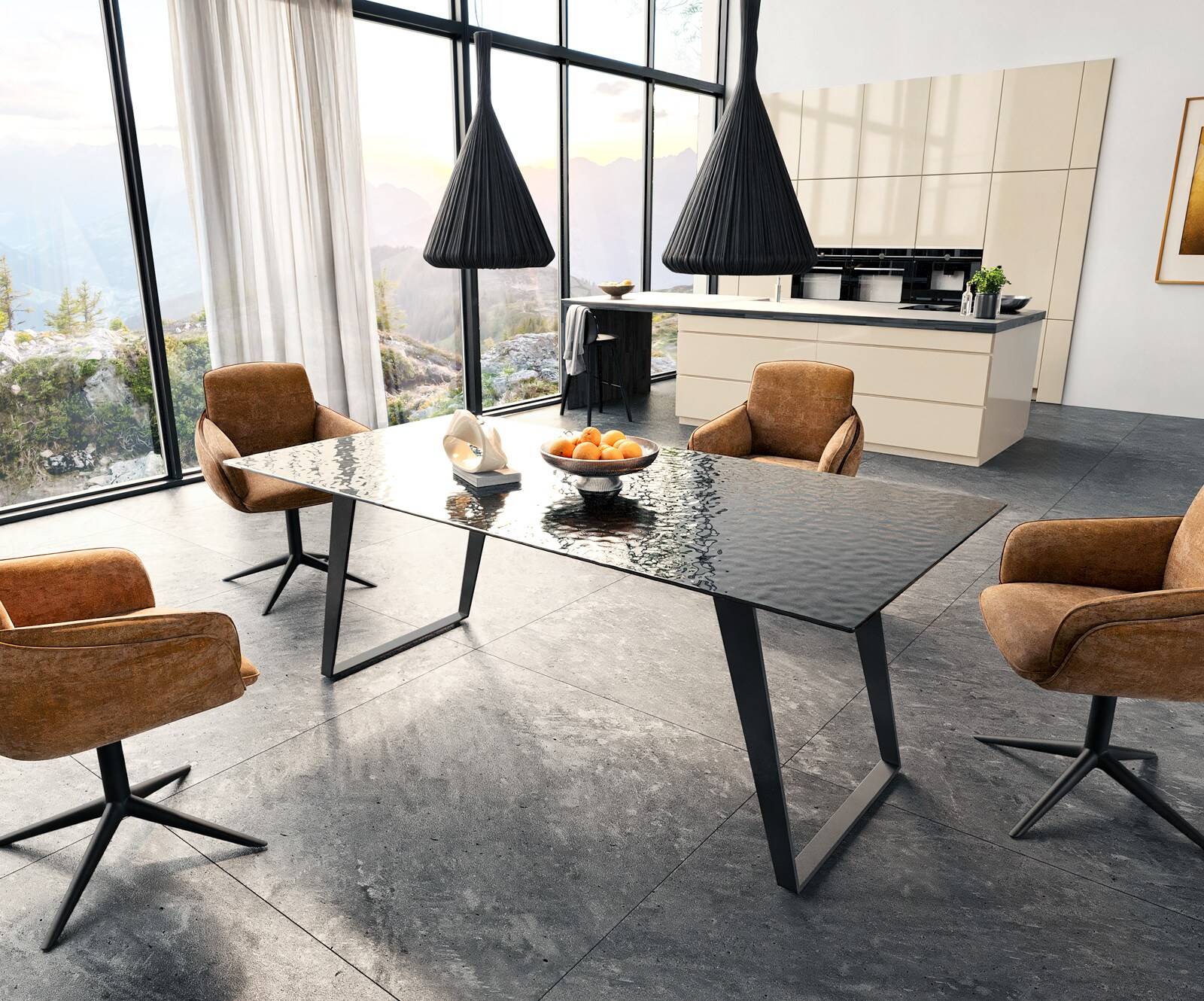 Stół do jadalni Edge 200x100 cm szkło reliefowe czarne efekt 3D metal pochylona rama czarna 5