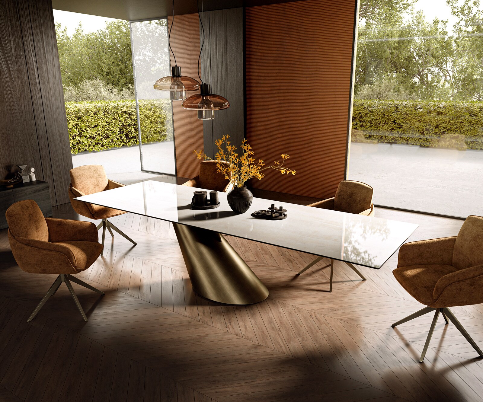 Stół do jadalni Edge 300x100 cm ceramika Onyx Champagne rama Cono metaliczny złoty 7
