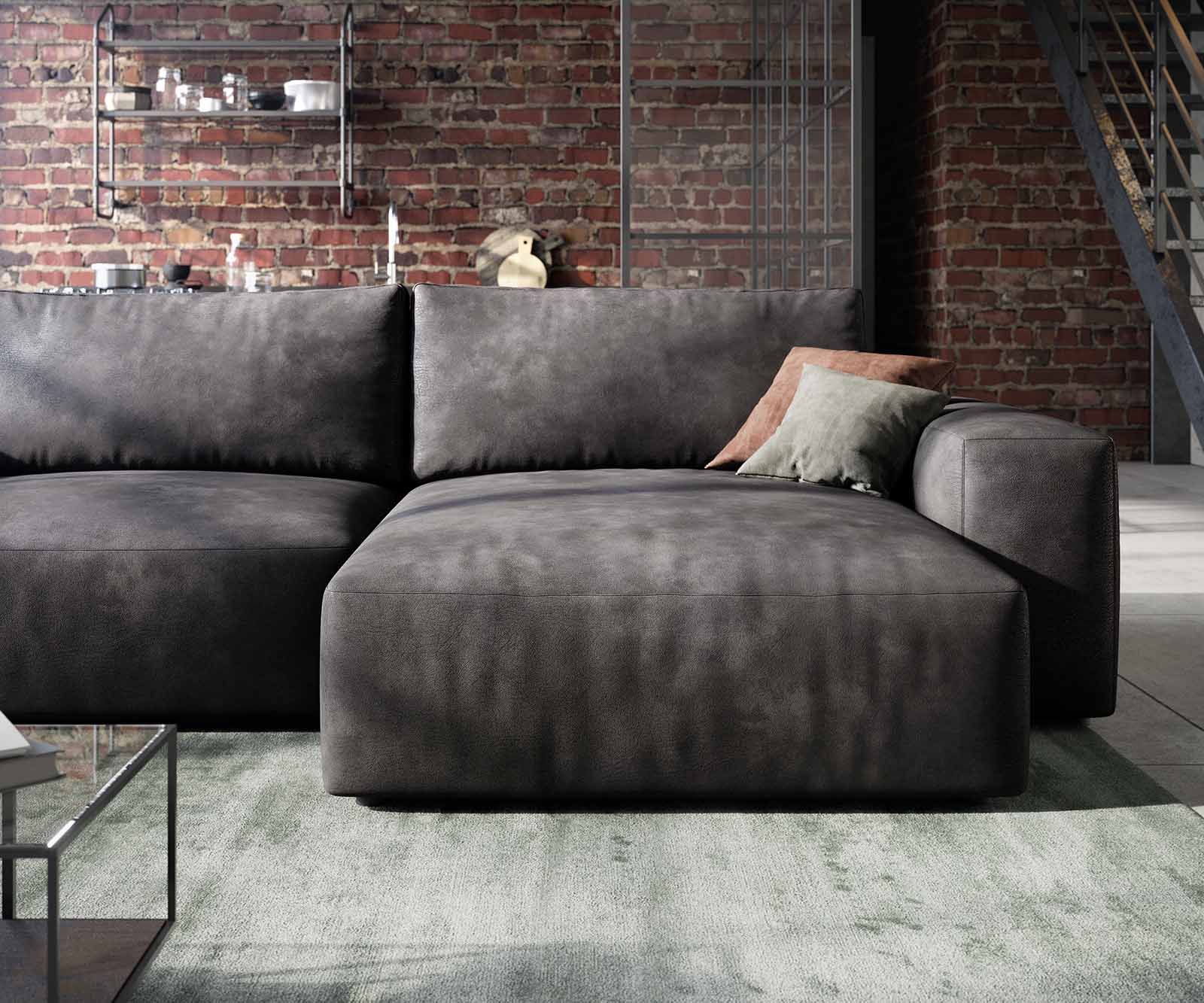 Sofa narożna Lanzo 230x155 cm skóra ekologiczna antracyt vintage szezlong z możliwością zmiennego montażu 5