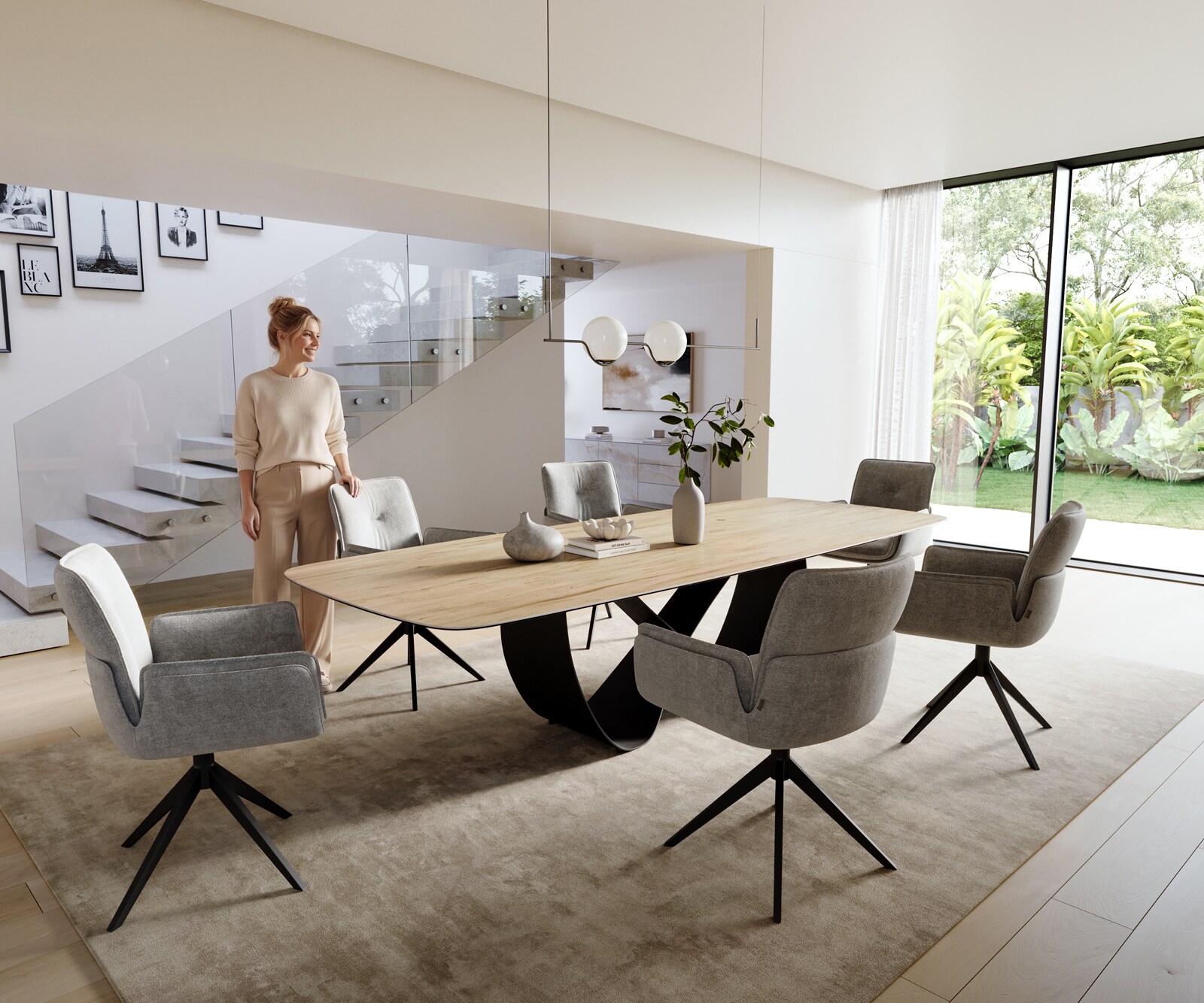 Stół do jadalni Edge w kształcie beczki 300x120 cm ceramika Laminam® Sabbia w kolorze dębu rama Infinity metal czarny 6
