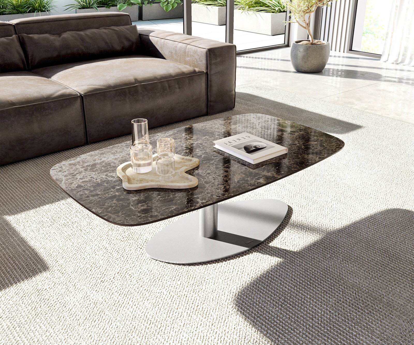 Stolik kawowy Edge w kształcie beczki 120x70 cm ceramika Laminam® Emperador Extra Lucidato ciemnobrązowy Vibany stal nierdzewna szczotkowana
