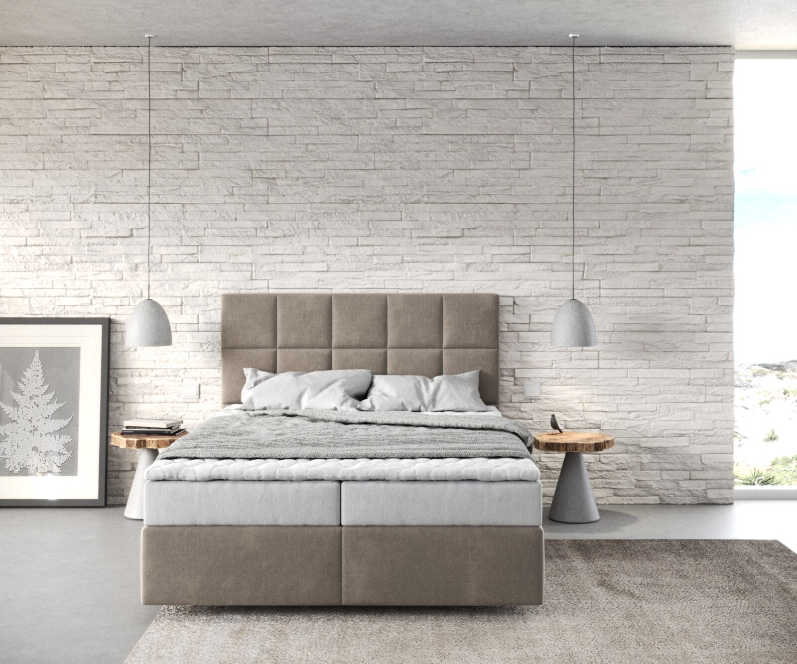 Łóżko kontynentalne Dream-Fine 140x200 cm mikrofibra beżowa z materacem i topperem 1