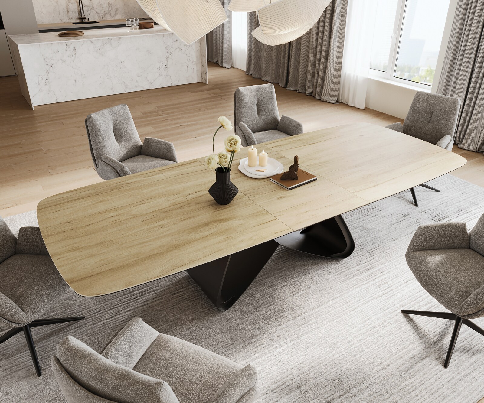 Stół do jadalni Edge w kształcie beczki 240-300x120 cm ceramika Laminam® Sabbia w kolorze dębu rama typu W metal czarny rozkładany 3