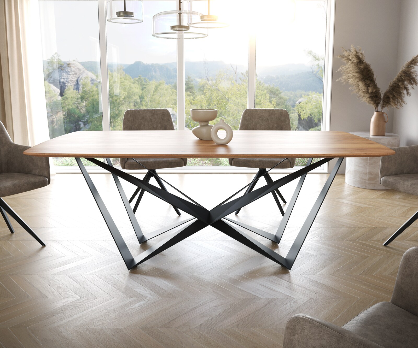 Stół do jadalni Edge kształt beczki 200x100cm akacja naturalna rama Spider metal czarna krawędź szwajcarska 2