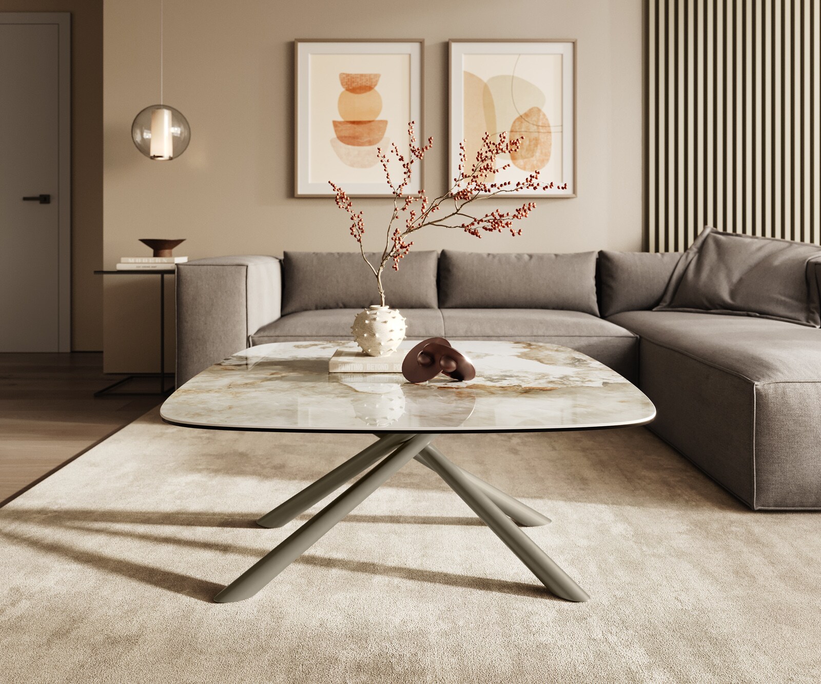Stolik kawowy Edge w kształcie beczki 90x90 cm ceramika Minas Melange Sarity wykończenie tytanowe 2