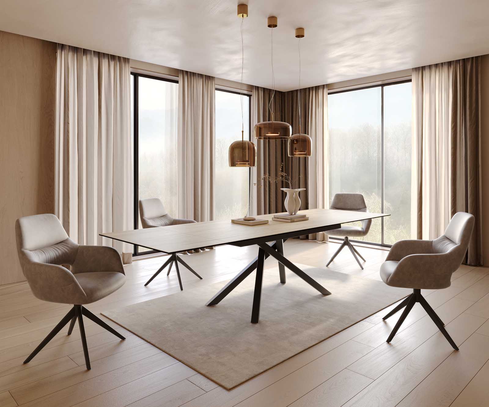 Stół do jadalni Edge 200-300x100 cm ceramika Laminam® Sabbia kolor dębu rama Cross czarna rozkładany 8