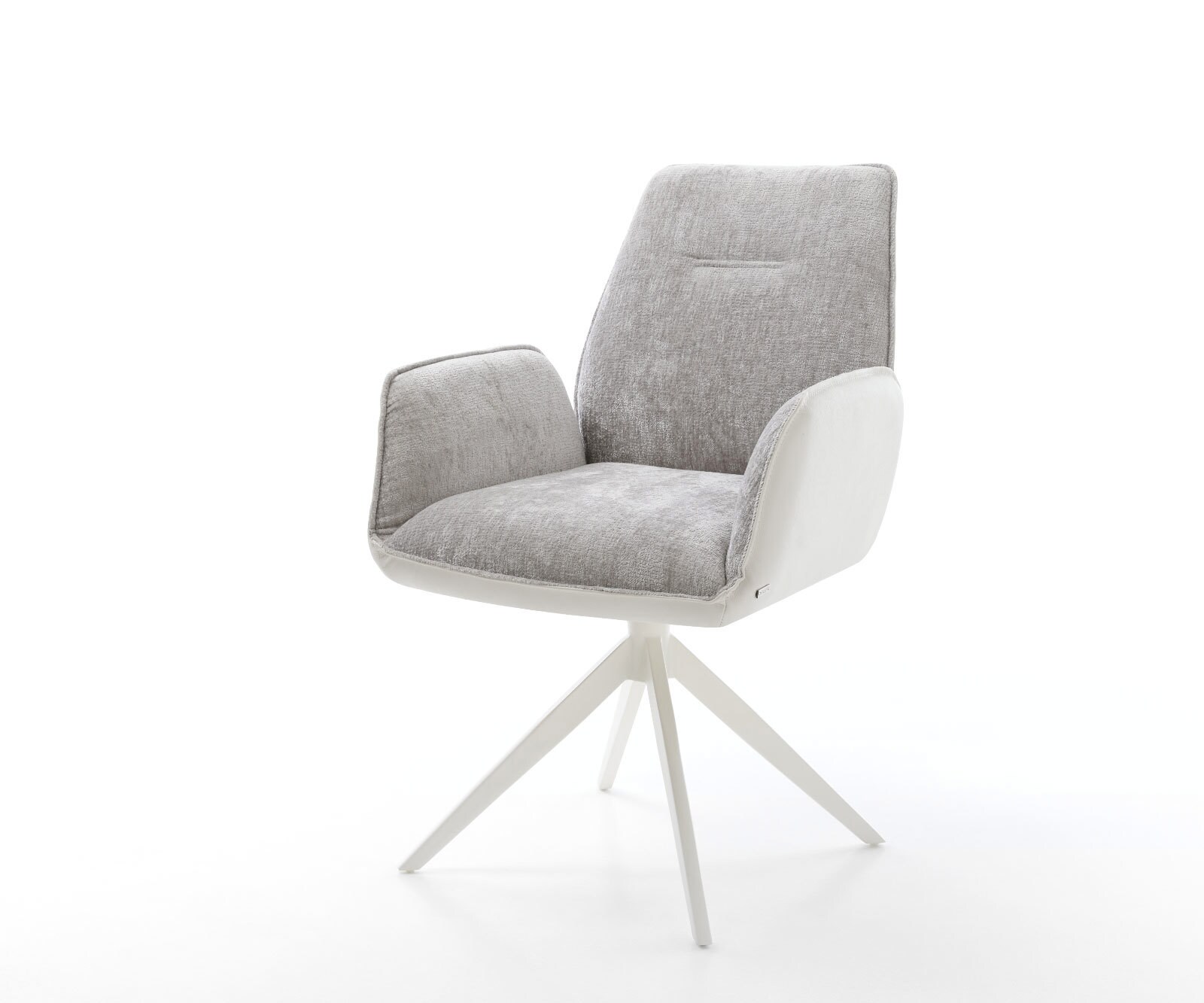 Krzesło do jadalni Zoa-Flex mieszanka materiałów skóra naturalna/szenil kolor biało-srebrno-szary rama krzyżowa szeroka biała obracane o 360° funkcja kołyski ze sprężynami kieszeniowymi