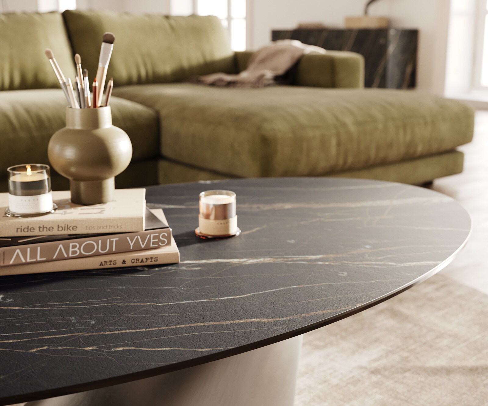 Stolik kawowy Edge owalny 140x80 cm ceramika Laminam® Noir Desir brązowa podstawa Conis stal nierdzewna szczotkowana 6