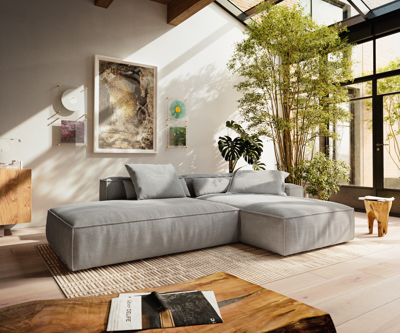 Sofa narożna Freestyle 310x200 cm miękka tkanina strukturalna szara z lamówką