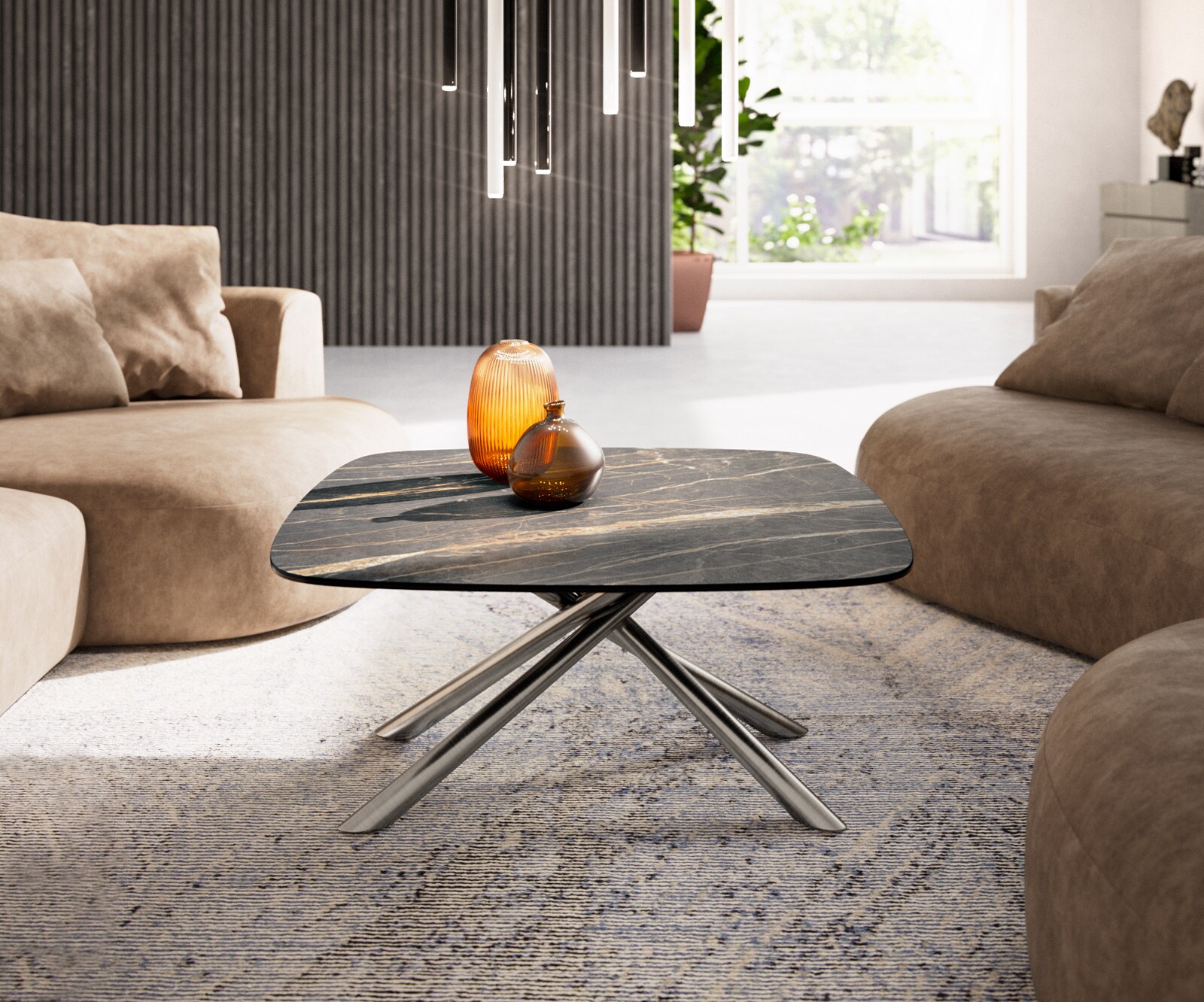 Stolik kawowy Edge w kształcie beczki 90x90 cm ceramika Laminam® Noir Desir brązowa podstawa Sarity stal nierdzewna szczotkowana 2
