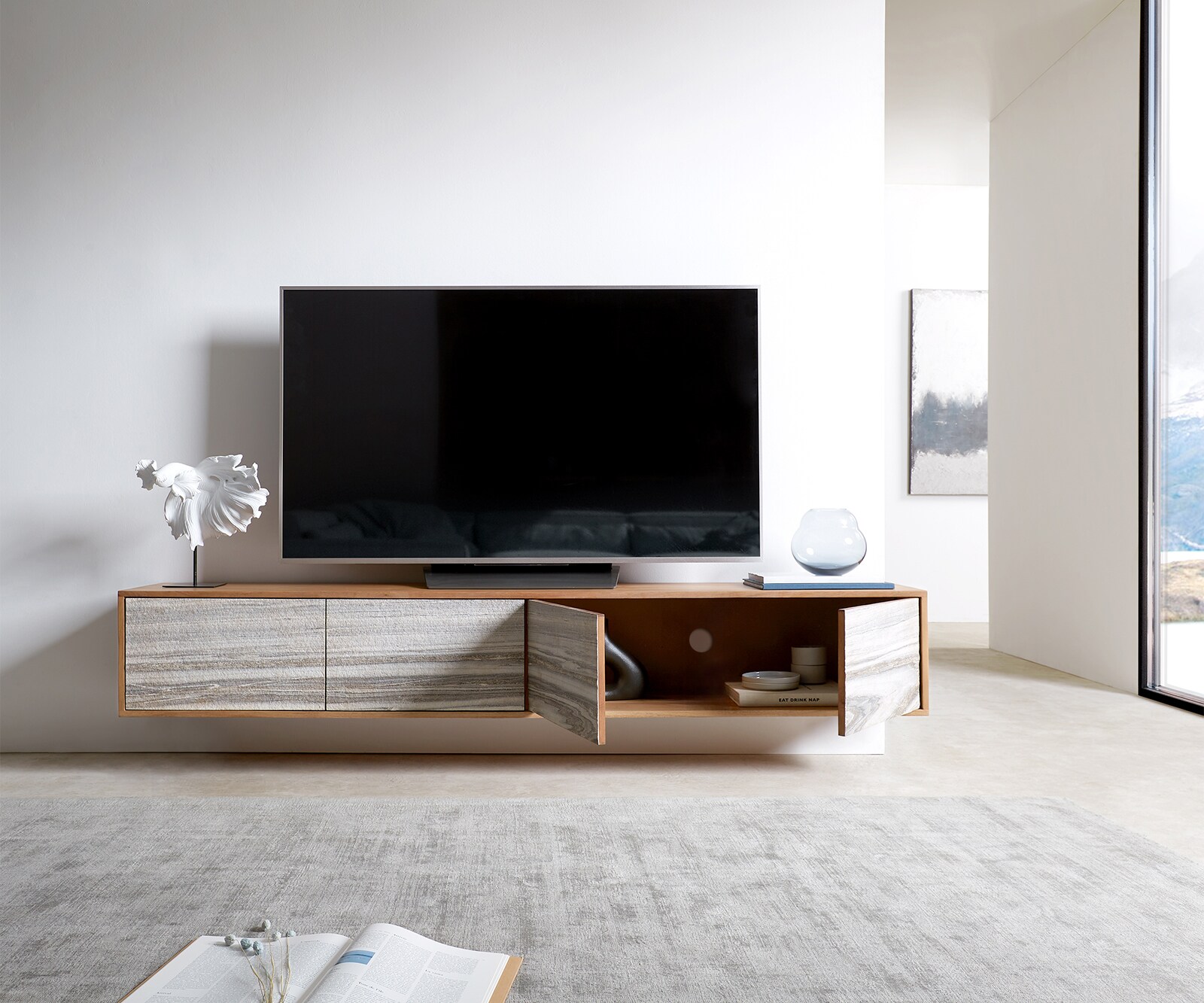 Szafka RTV Kleo 200 cm akacja naturalna 4 drzwi podwieszana 3