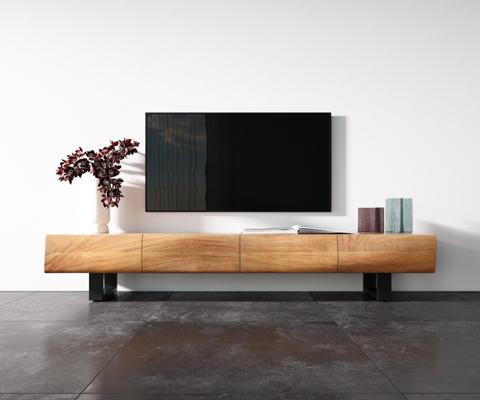Szafka RTV New Live-Edge 200 cm akacja naturalna 4 drzwi nóżki płozowe czarny metal 4