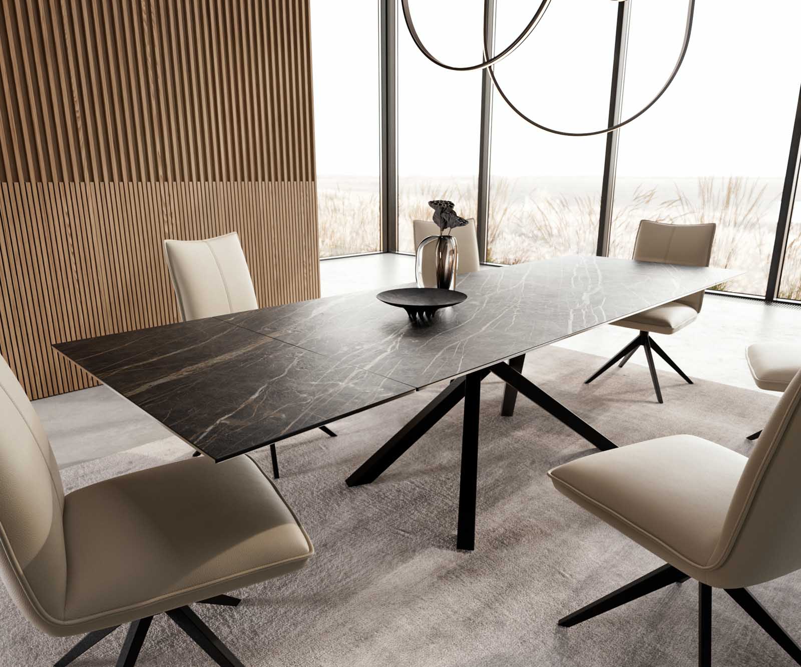 Stół do jadalni Edge 200-300x100 cm ceramika Laminam® Noir Desir brązowy rama Cross czarna rozkładany