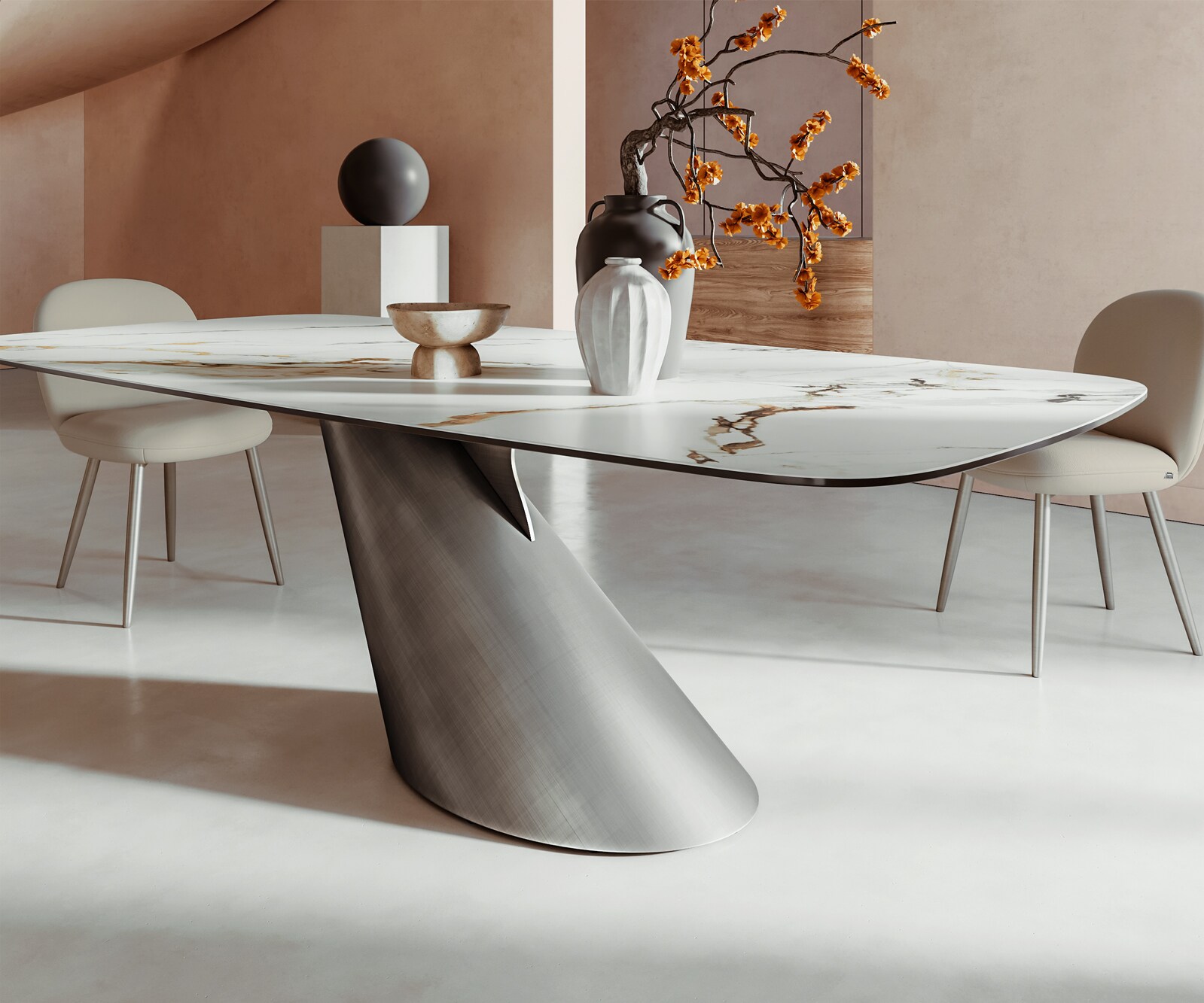 Stół do jadalni Edge kształt beczki 240x120cm ceramika Calacatta Luxe biało-złoto-szary rama Cono metaliczny srebrny 6