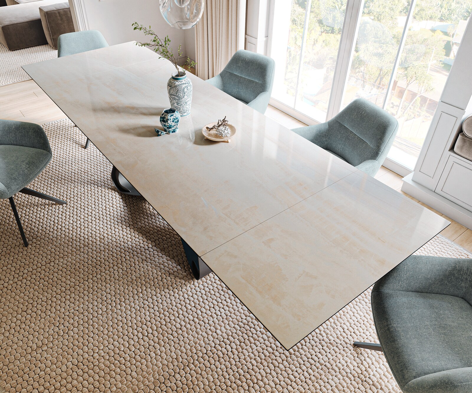 Stół do jadalni Edge 200-300x100cm ceramika Onyx Champagne rama W metal czarny rozkładany 3
