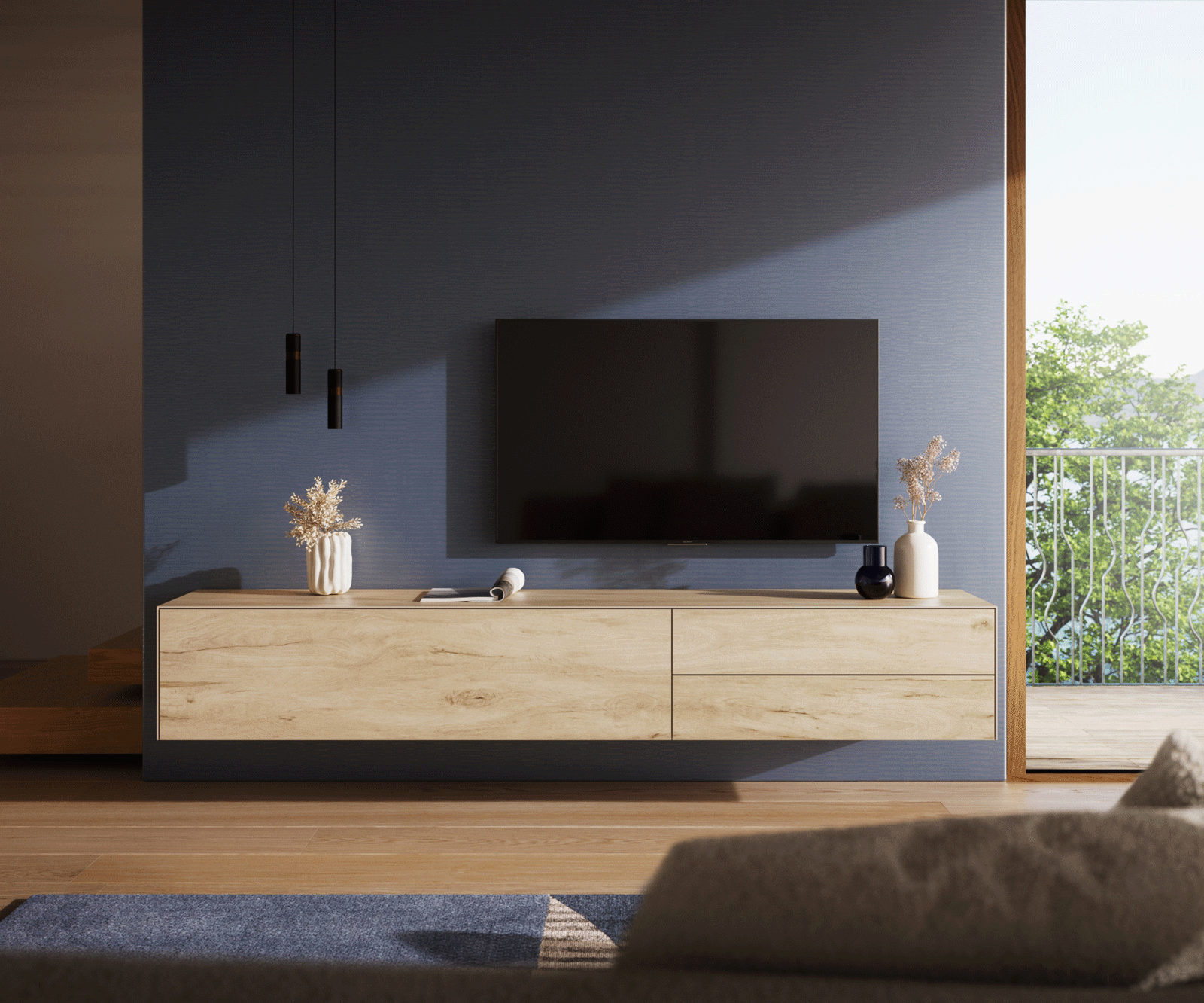 Szafka RTV Cuor 220 cm ceramika Laminam® Sabbia (kolor dębu) 1 klapa 2 szuflady podwieszana 1