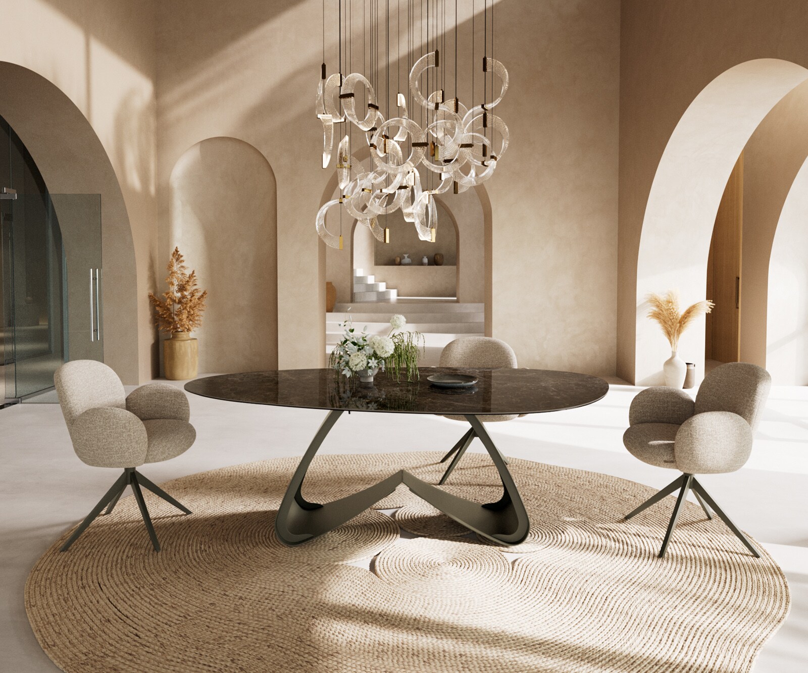 Stół do jadalni Edge owalny 220x120cm ceramika Laminam® Emperador Extra Lucidato ciemnobrązowy rama W metal kolor tytanowy 3