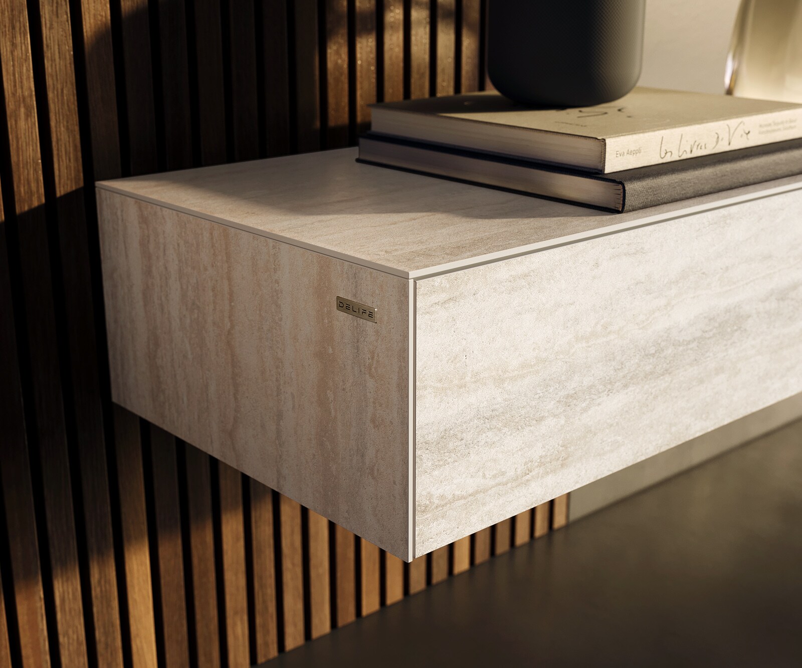 Szafka RTV Cuor 250 cm ceramika Laminam® Travertino Bianco kremowo-biała 1 klapa 1 szuflada podwieszana 6