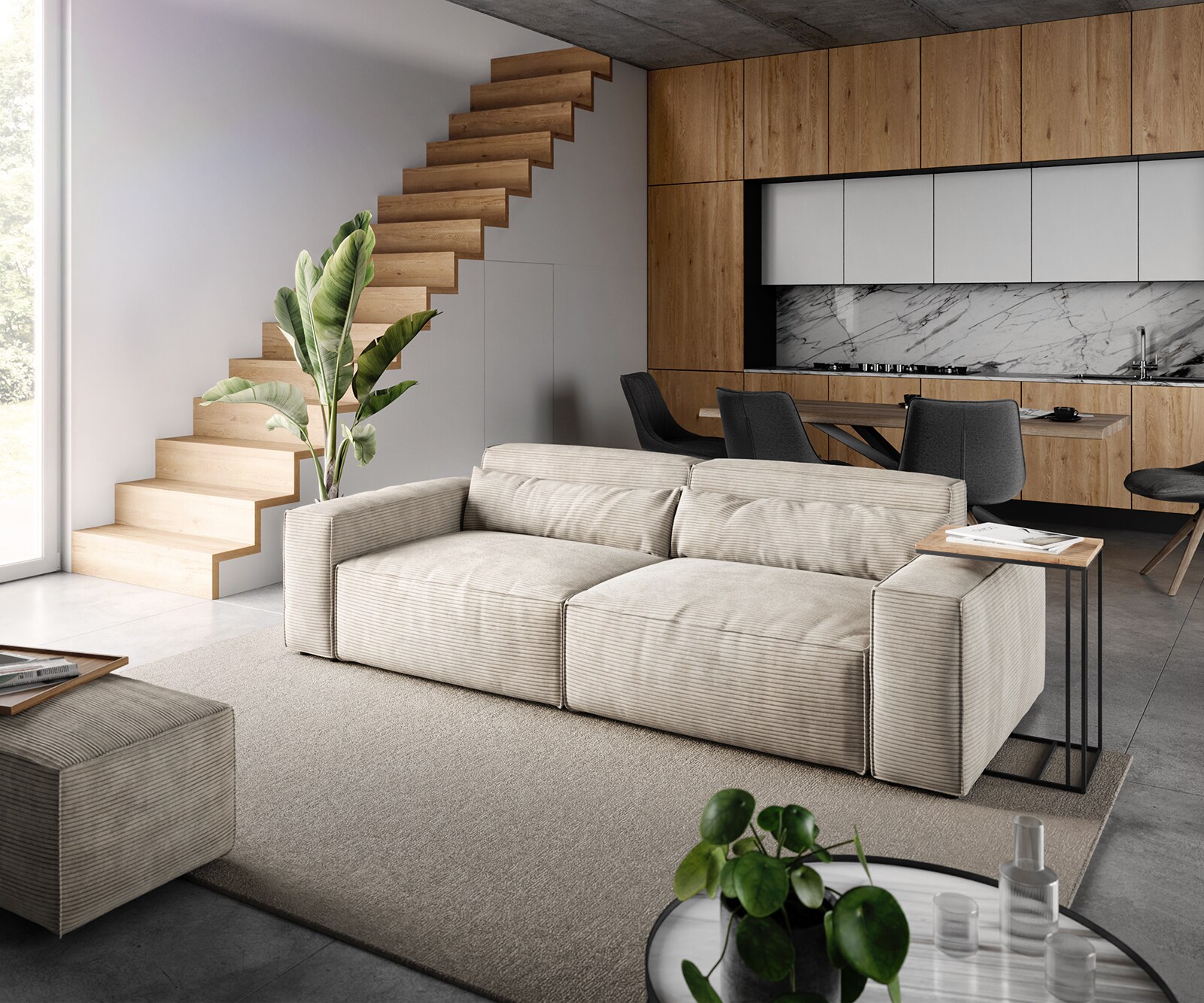 Duża sofa Sirpio 230x95 cm sztruks beżowy z pufem 1