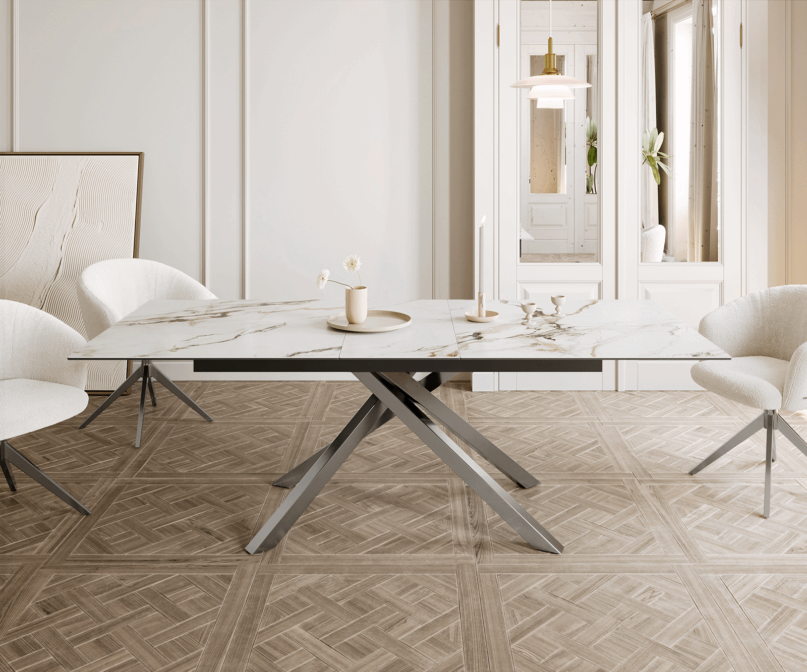Stół do jadalni Edge 180-220x100 cm ceramika Calacatta Luxe biało-złoto-szary rama Cross stal nierdzewna rozkładany 1