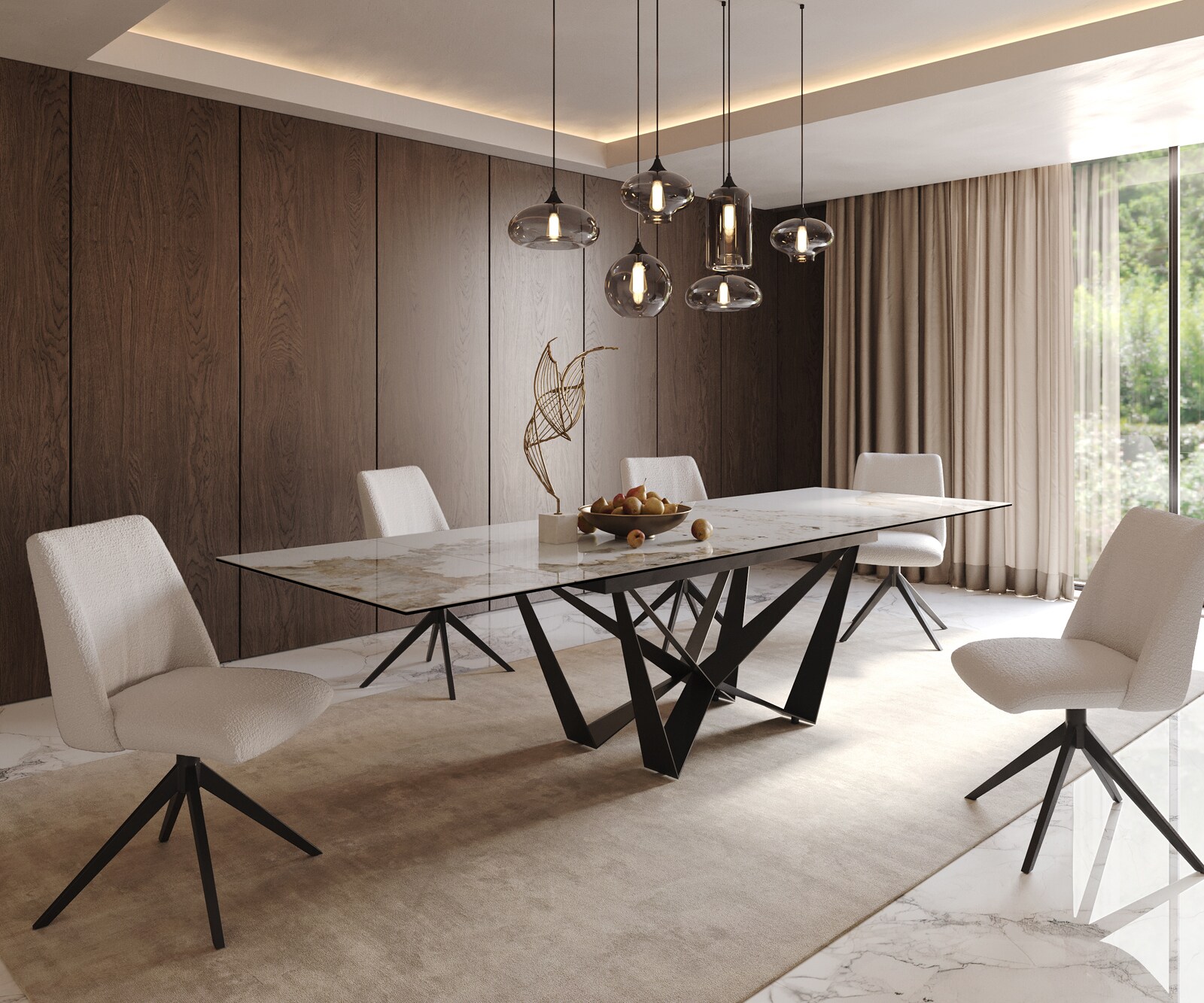 Stół do jadalni Edge 200-300x100 cm ceramika Minas Melange biało-beżowy rama Spider metal czarna rozkładany 8
