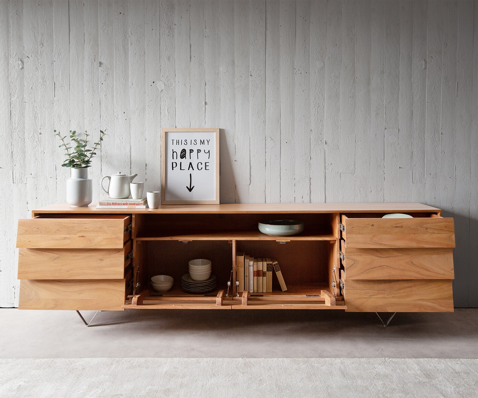 Komoda Eloi 240x40 cm akacja naturalna 2 drzwi 6 szuflad nóżki V stal nierdzewna 3