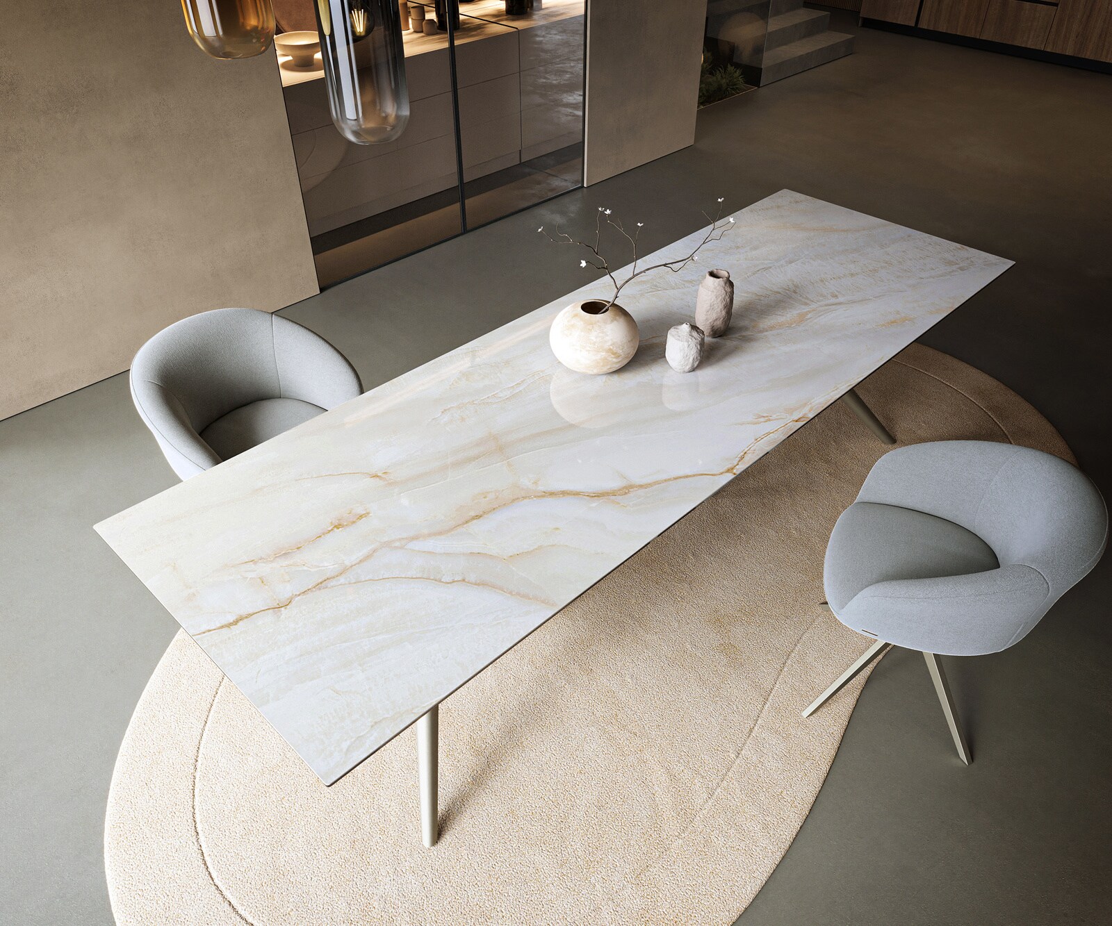 Stół do jadalni Edge 300x100cm ceramika Onyx Pearl rama Estelar metal kolor tytanowy 3