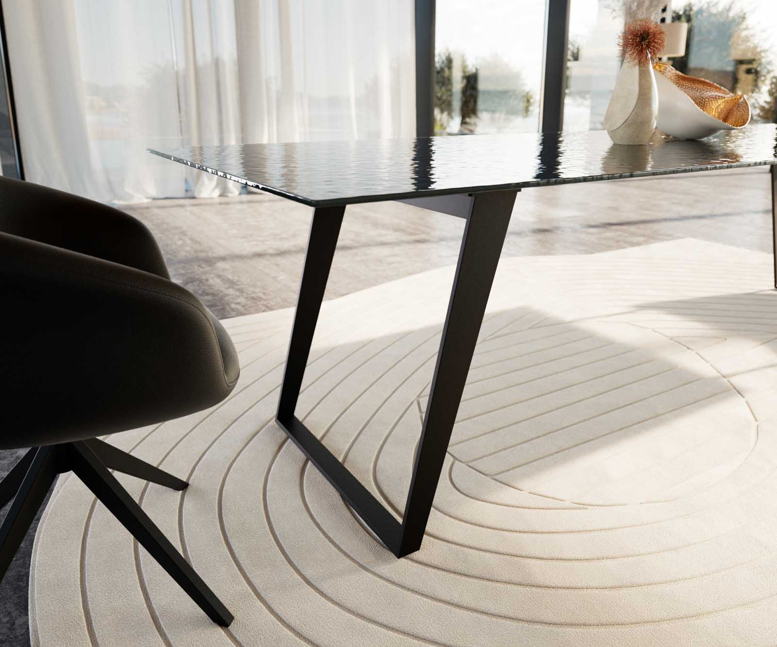 Stół do jadalni Edge 300x100cm szkło reliefowe czarne efekt 3D pochylona rama metal czarna 5