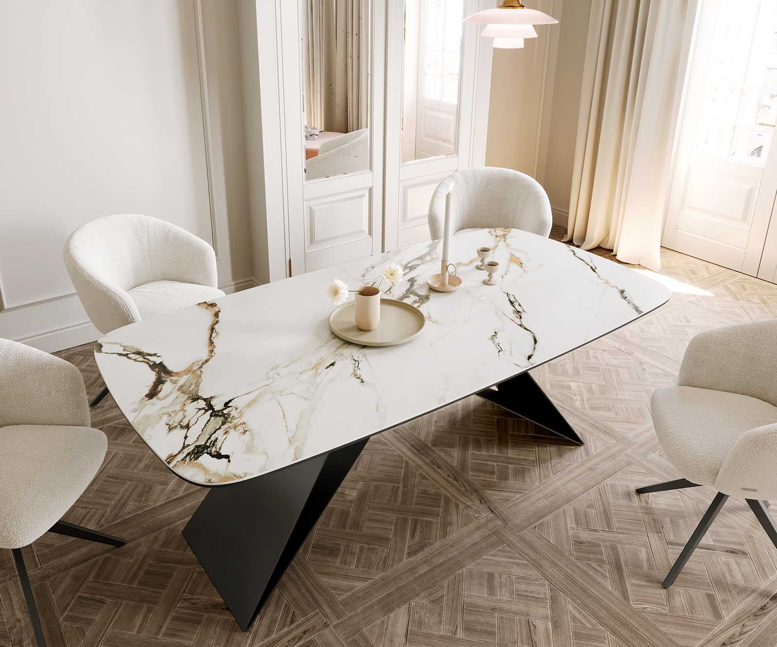 Stół do jadalni Edge kształt beczki 200x100cm ceramika Calacatta Luxe biało-złoto-szary rama V metal czarna 4